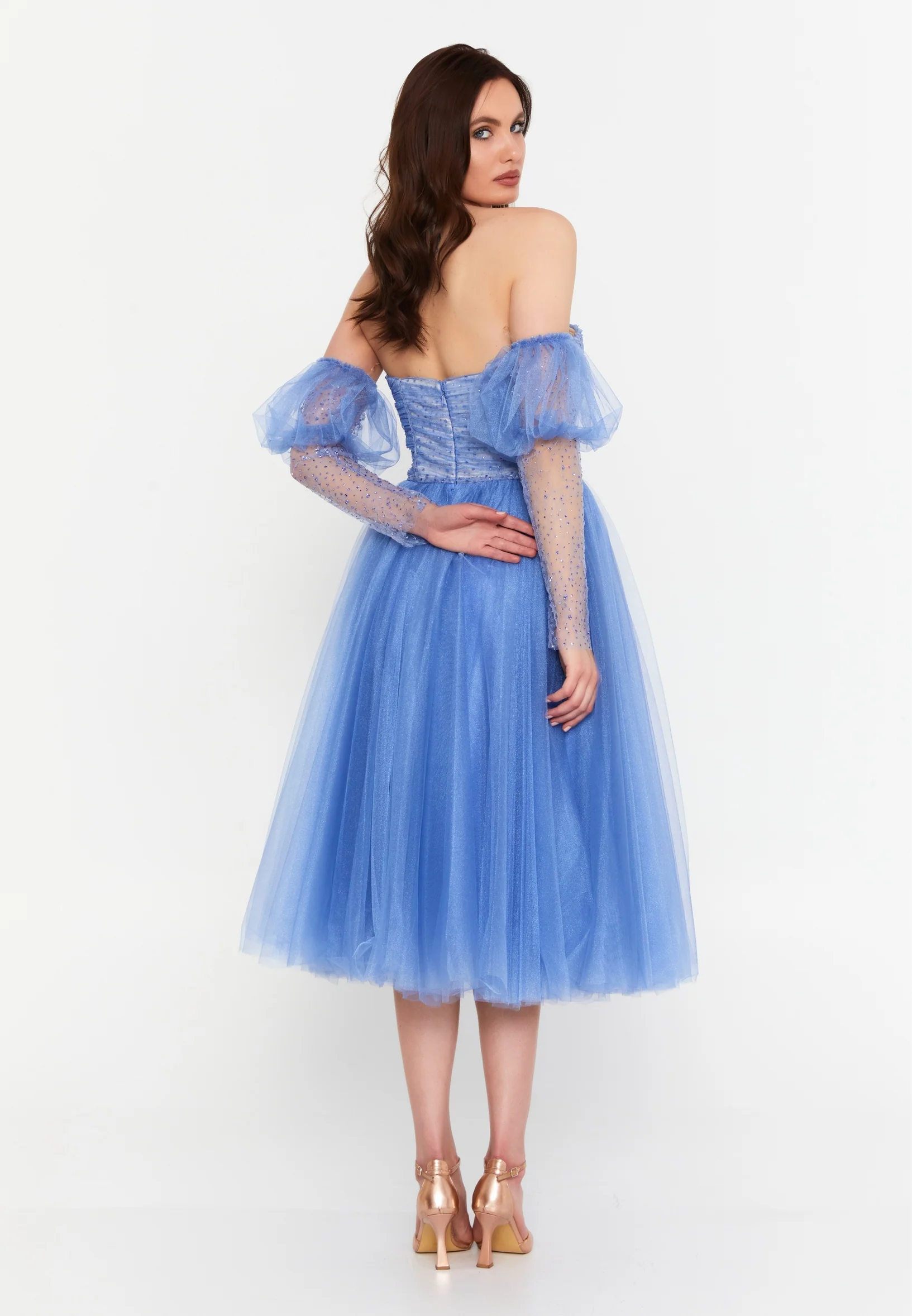 Off Shoulder Midi Tulle Column Regular Wedding Guest Dress prl733 - Image 2