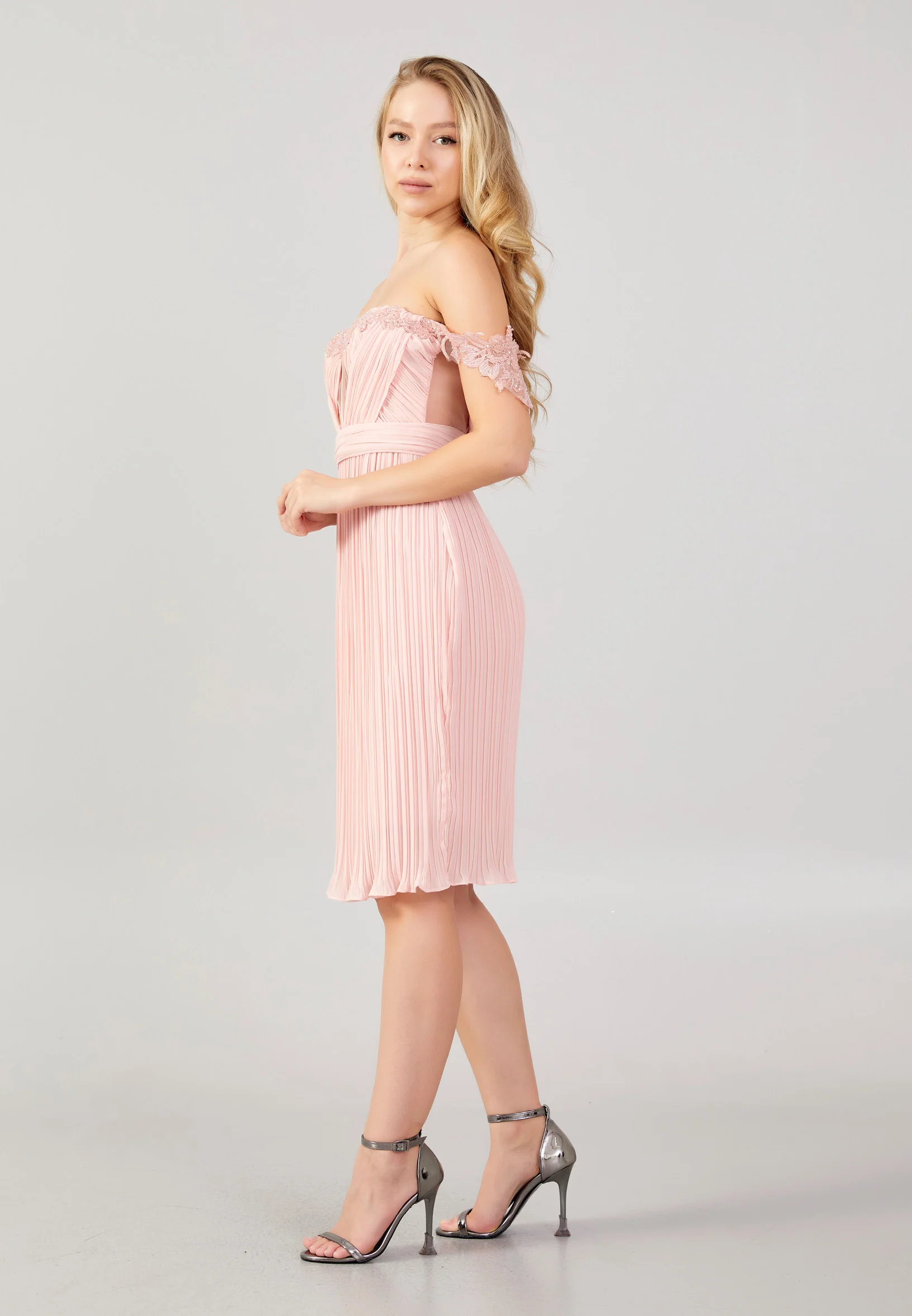 Off Shoulder Mini Chiffon Column Regular Evening Dress nzn1639 - Image 7