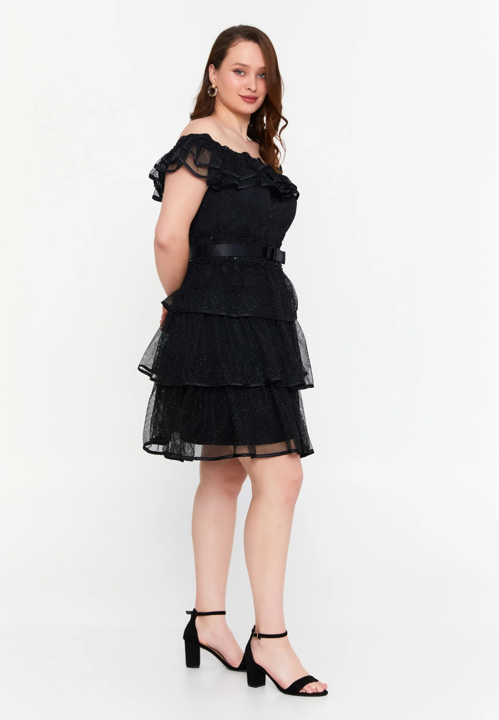 Off Shoulder Mini Lace A - Line Plus Size Prom Dress crm8855-1 - Image 4