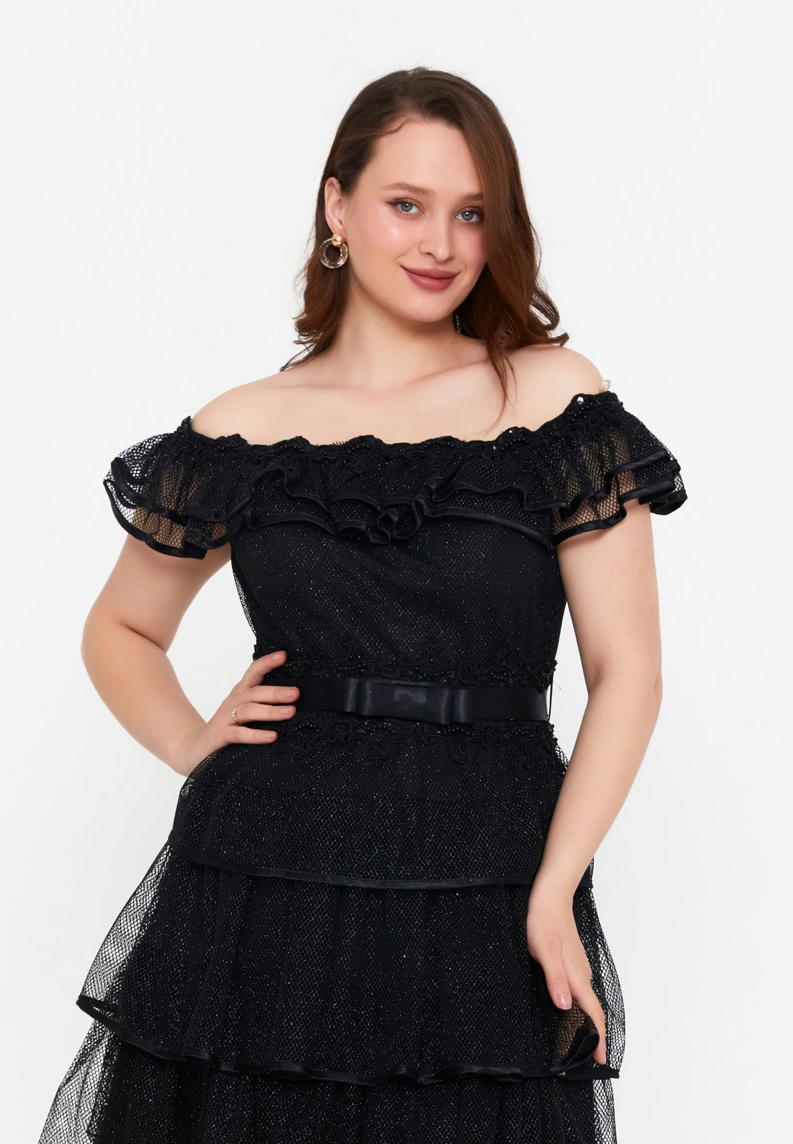 Off Shoulder Mini Lace A - Line Plus Size Prom Dress crm8855-1 - Image 5