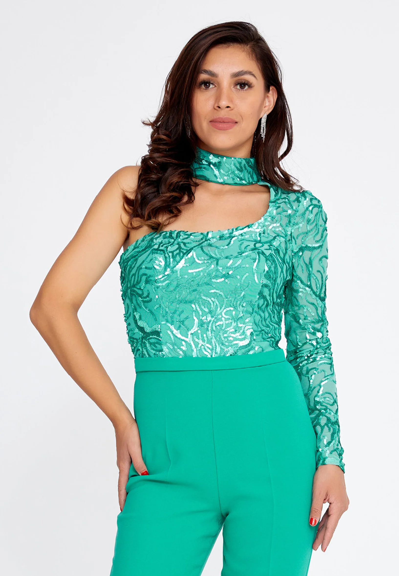 One Shoulder Crepe Regular Fit Regular Evening Jumpsuit pau4271 - Image 4