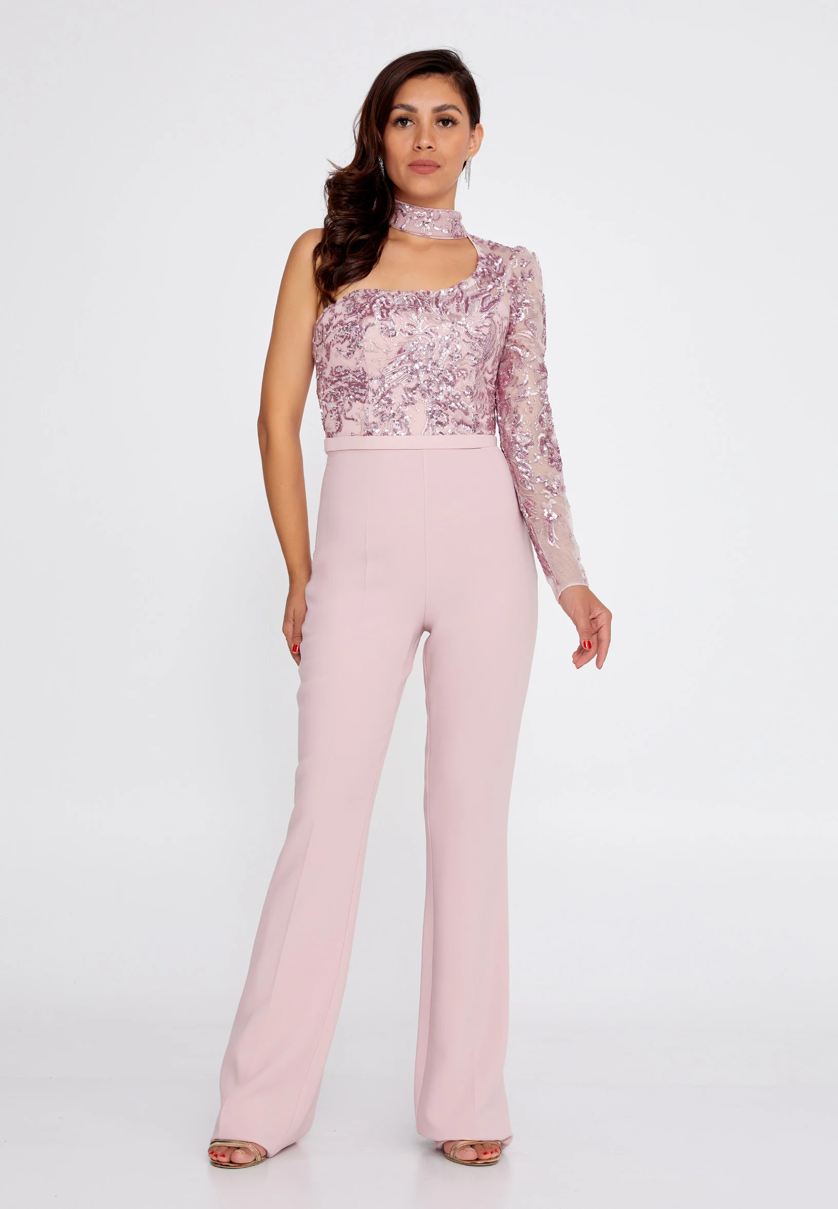 One Shoulder Crepe Regular Fit Regular Evening Jumpsuit pau4271 - Image 5