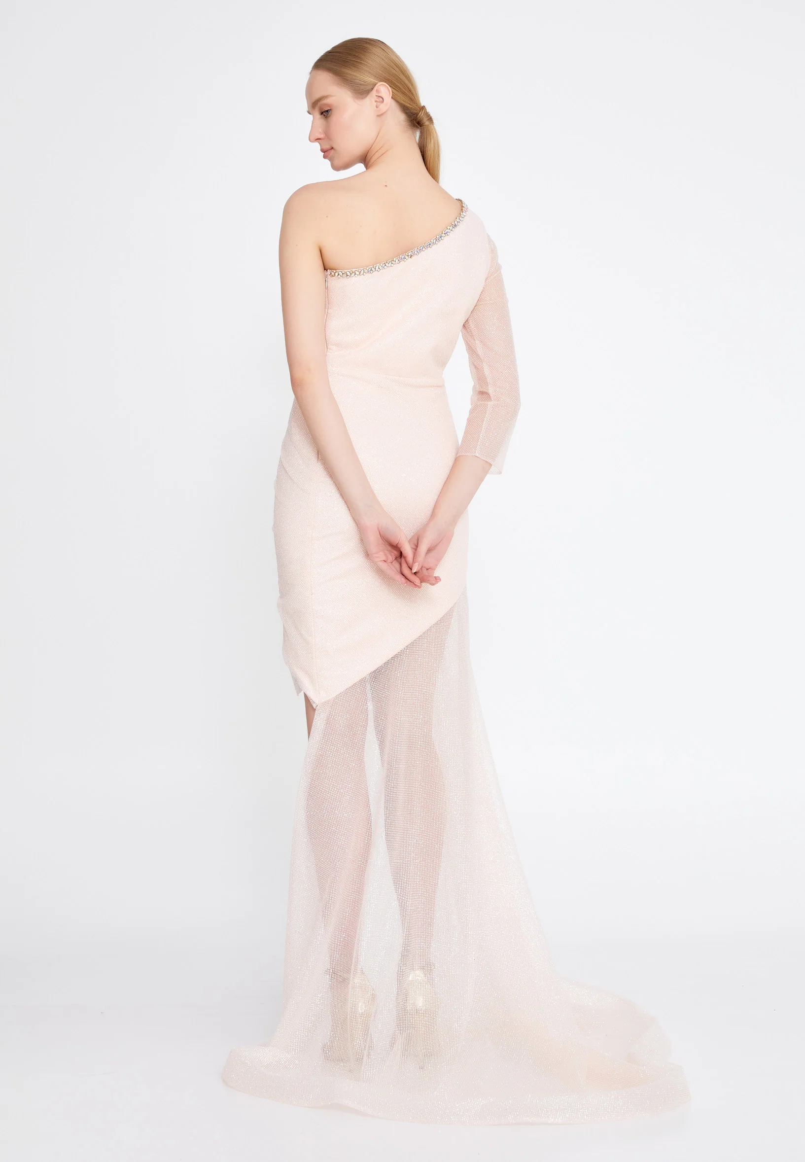 One Shoulder High-Low Tulle Mermaid Regular Prom Dress mtn2235 - Image 10