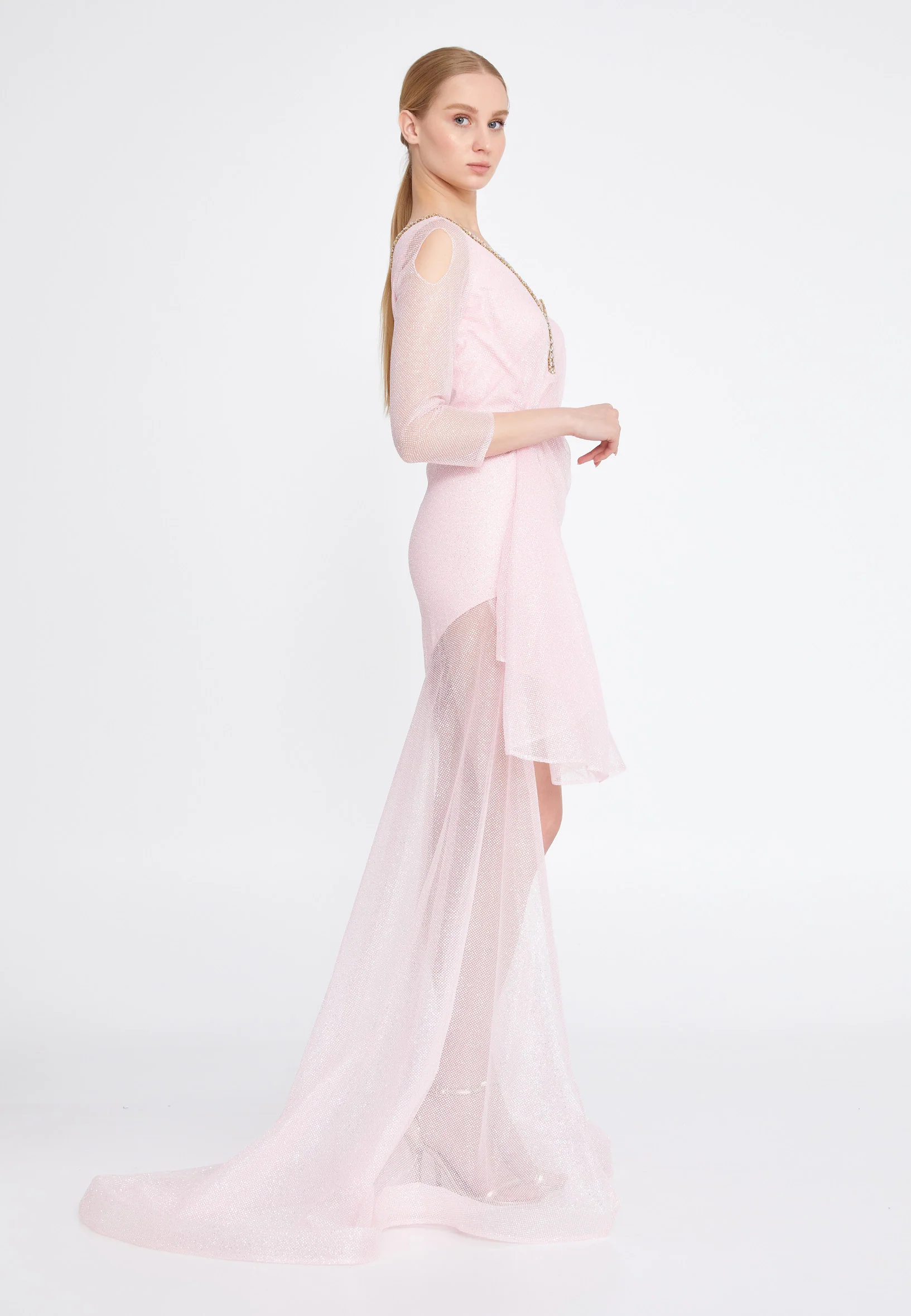 One Shoulder High-Low Tulle Mermaid Regular Prom Dress mtn2235 - Image 3