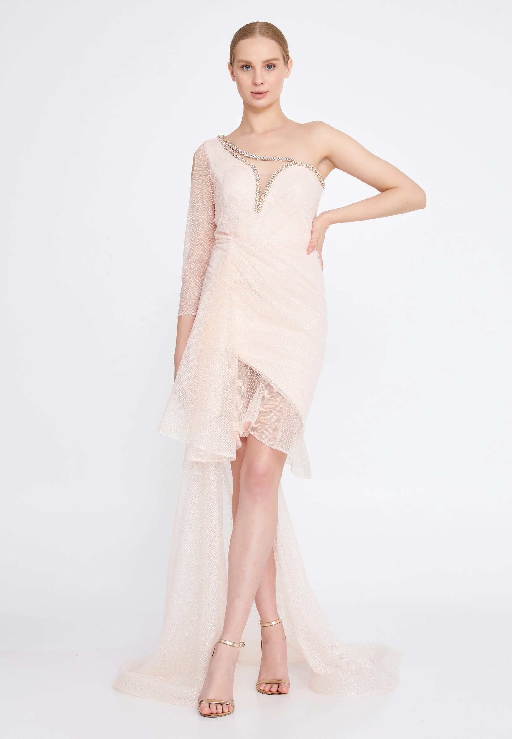 One Shoulder High-Low Tulle Mermaid Regular Prom Dress mtn2235 - Image 9