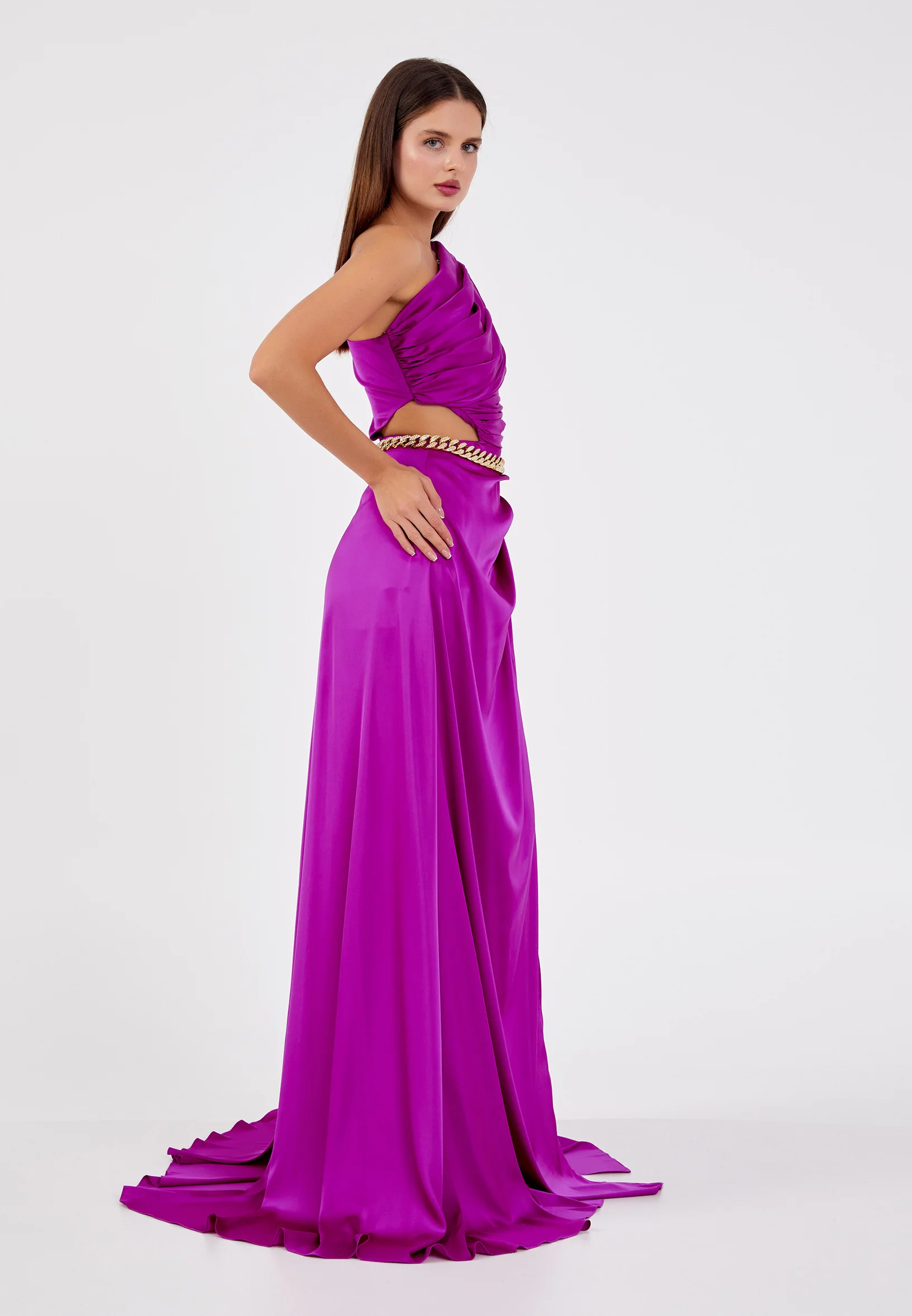 One Shoulder Maxi Satin Column Regular Evening Dress aln1622 - Image 3