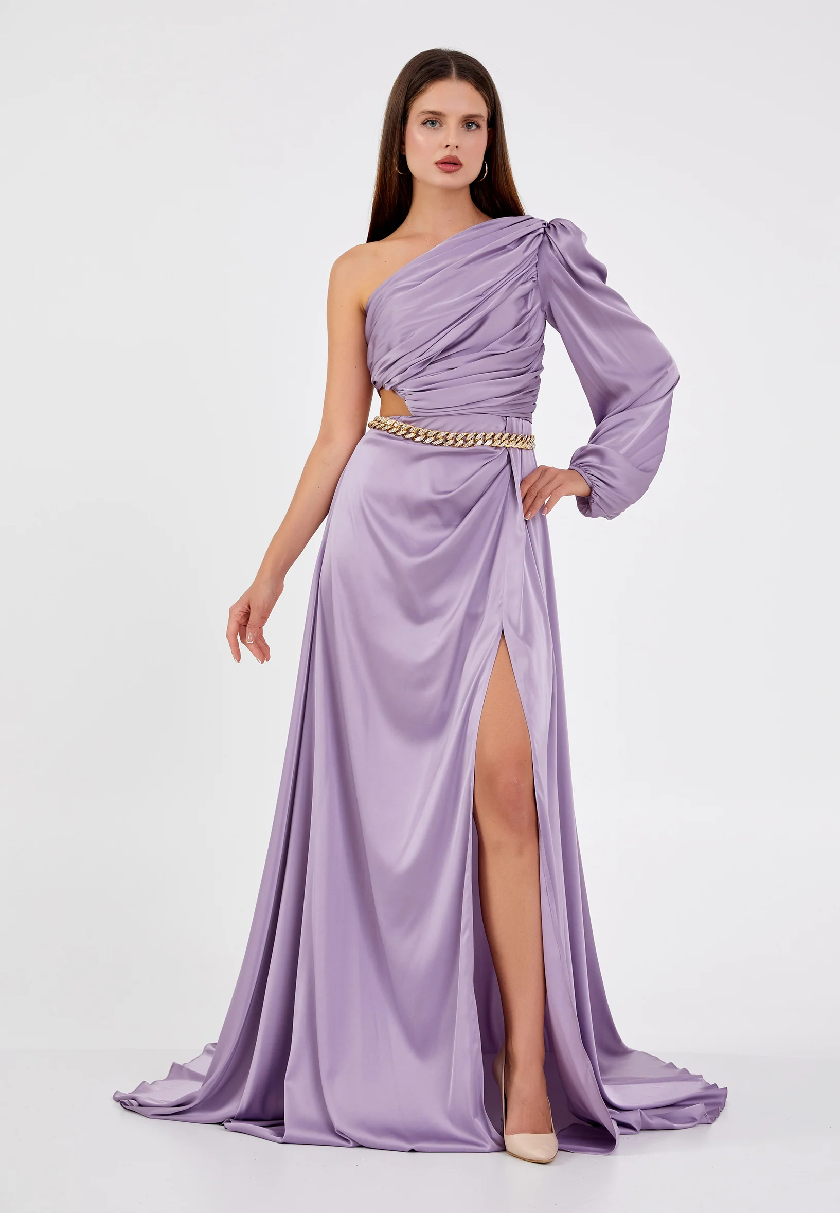 One Shoulder Maxi Satin Column Regular Evening Dress aln1622 - Image 5