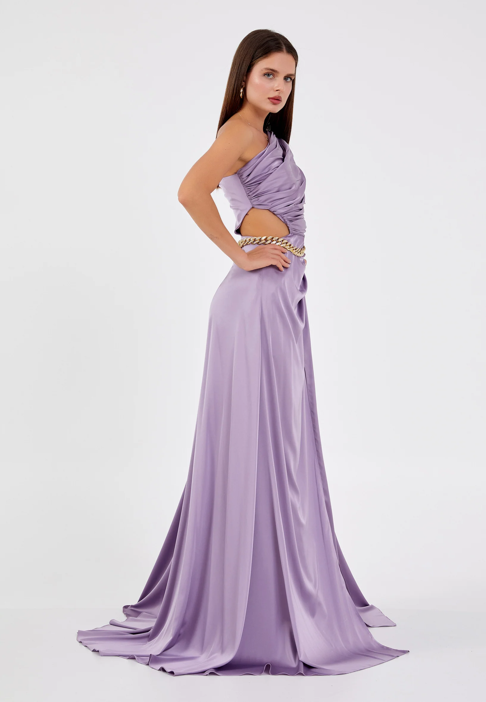One Shoulder Maxi Satin Column Regular Evening Dress aln1622 - Image 7