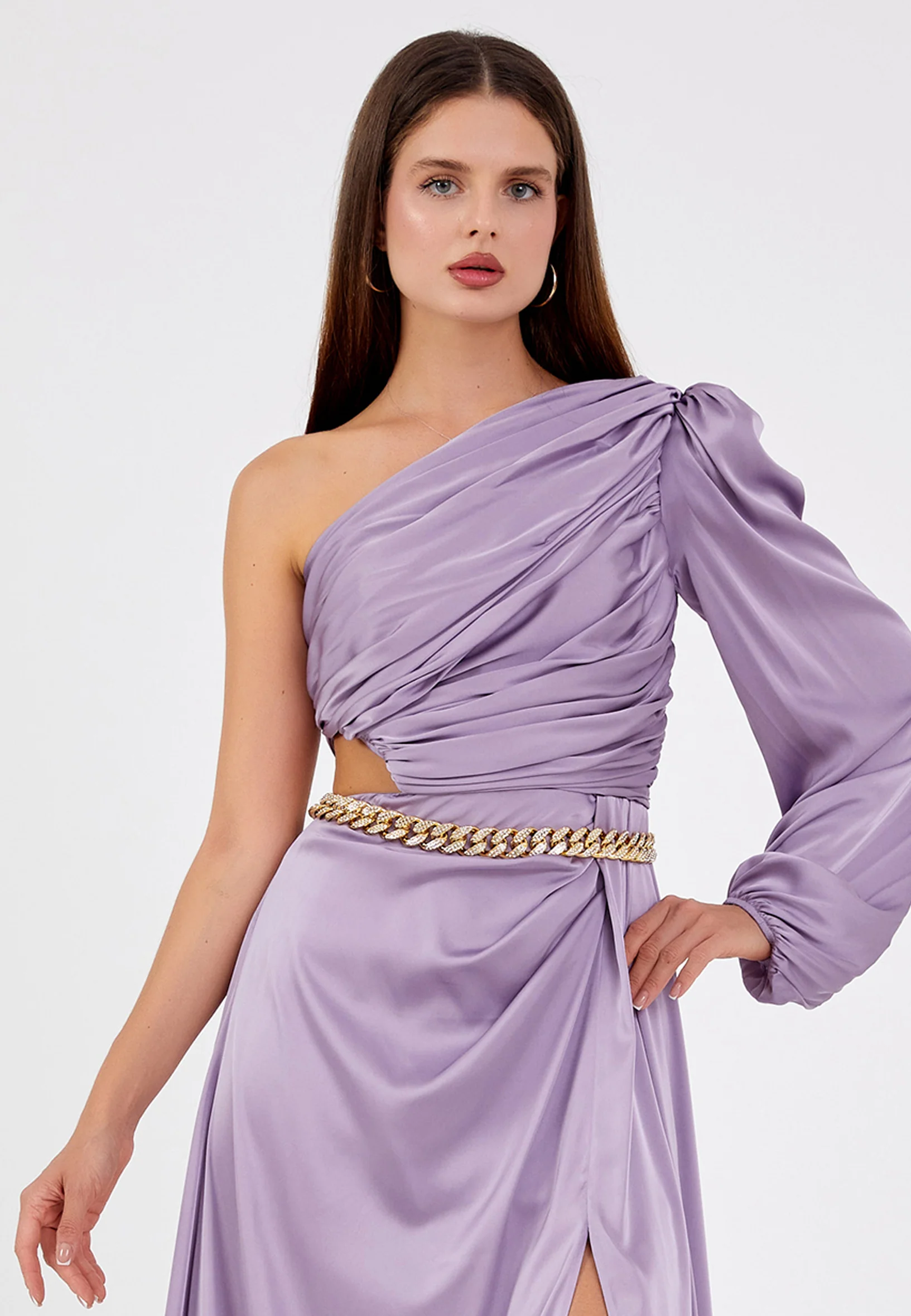 One Shoulder Maxi Satin Column Regular Evening Dress aln1622 - Image 8