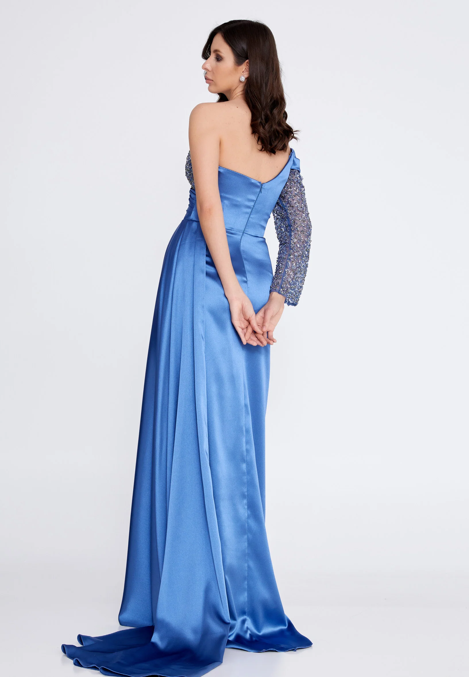 One Shoulder Maxi Satin Column Regular Wedding Guest Dress aln1501 - Image 16