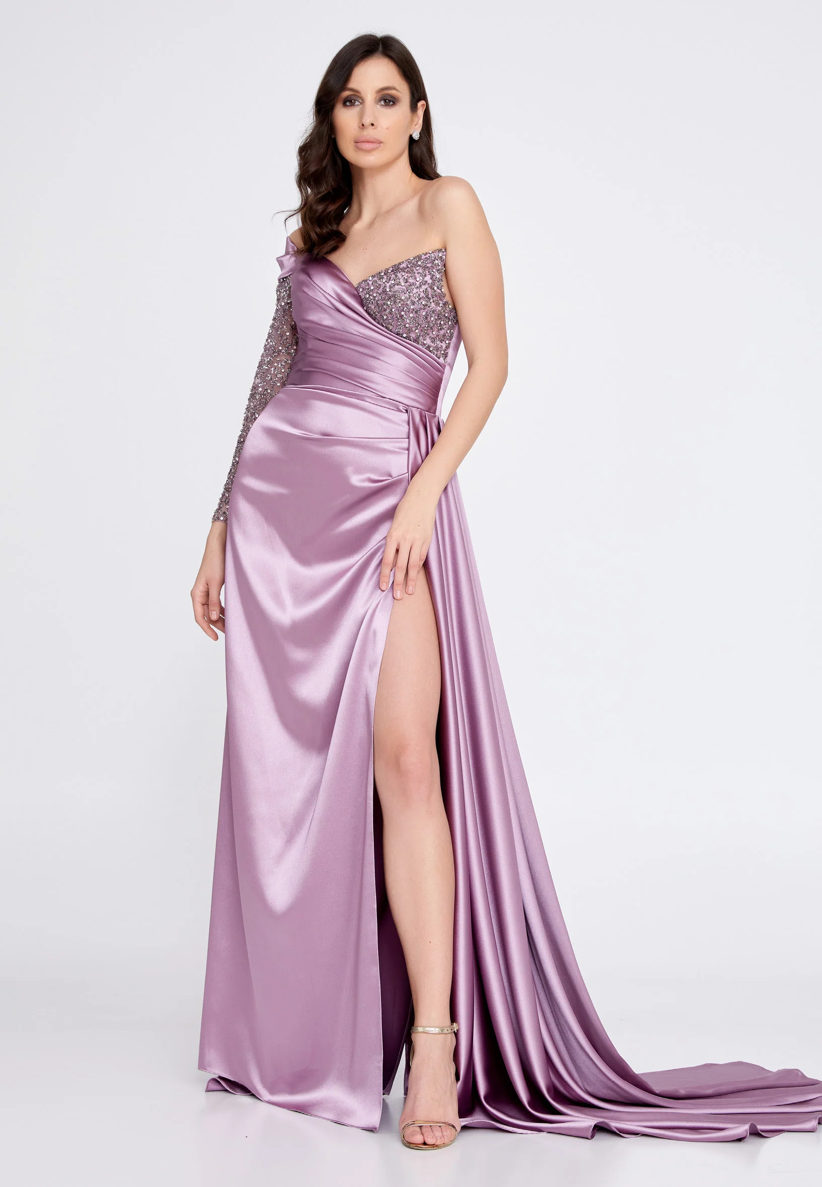 One Shoulder Maxi Satin Column Regular Wedding Guest Dress aln1501 - Image 19