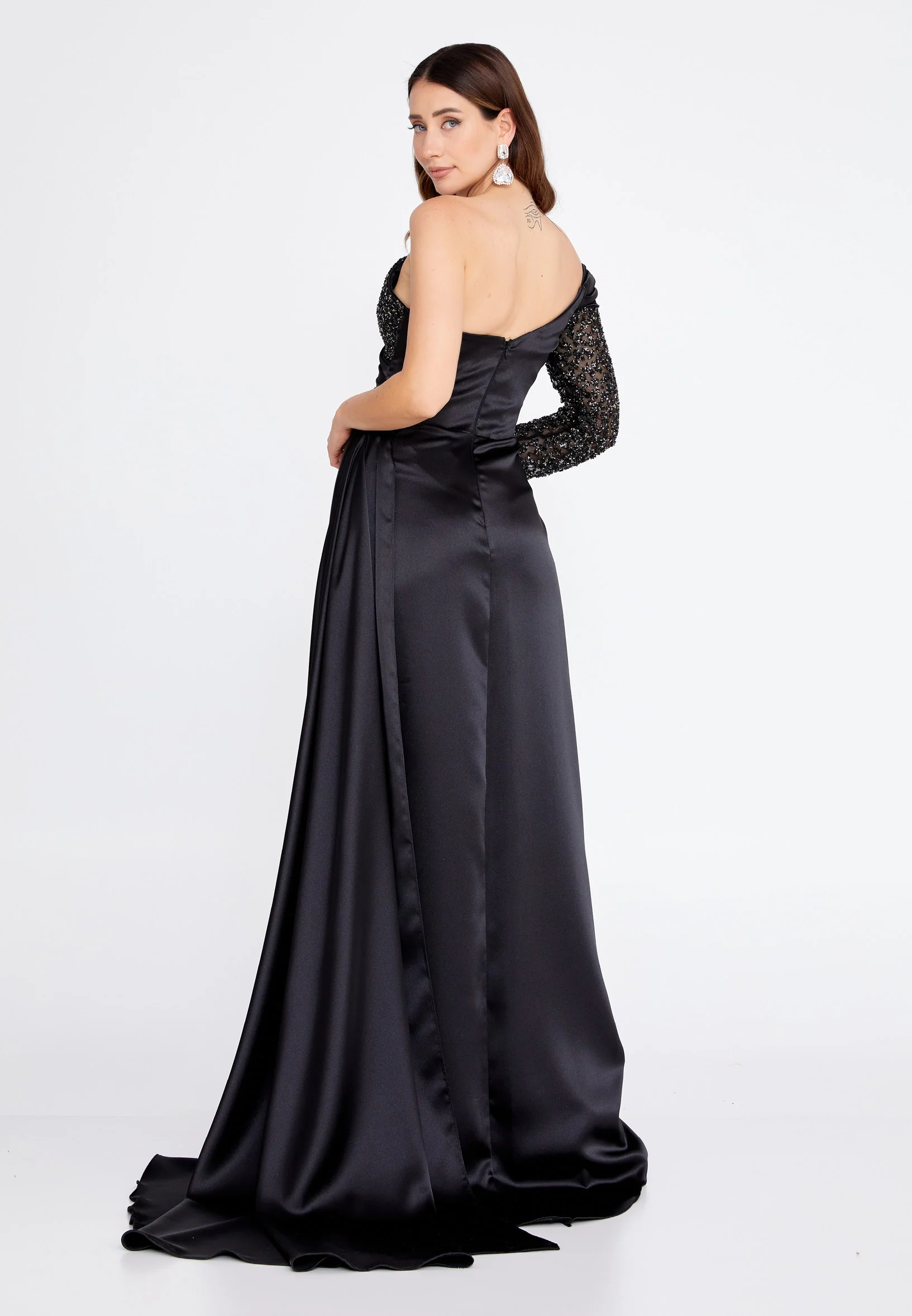 One Shoulder Maxi Satin Column Regular Wedding Guest Dress aln1501 - Image 2