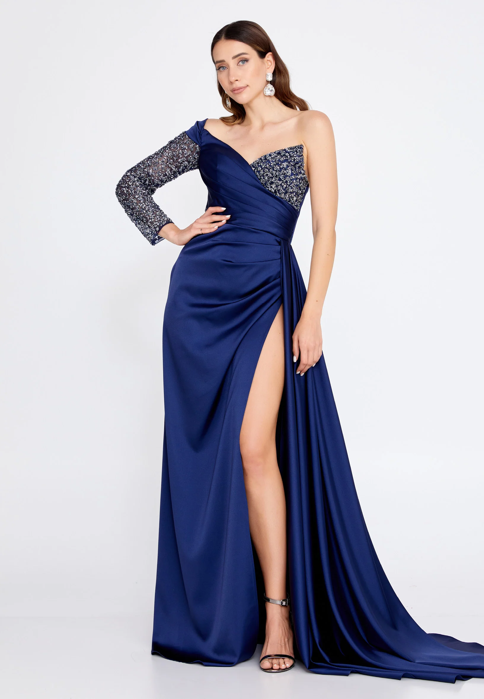 One Shoulder Maxi Satin Column Regular Wedding Guest Dress aln1501 - Image 23