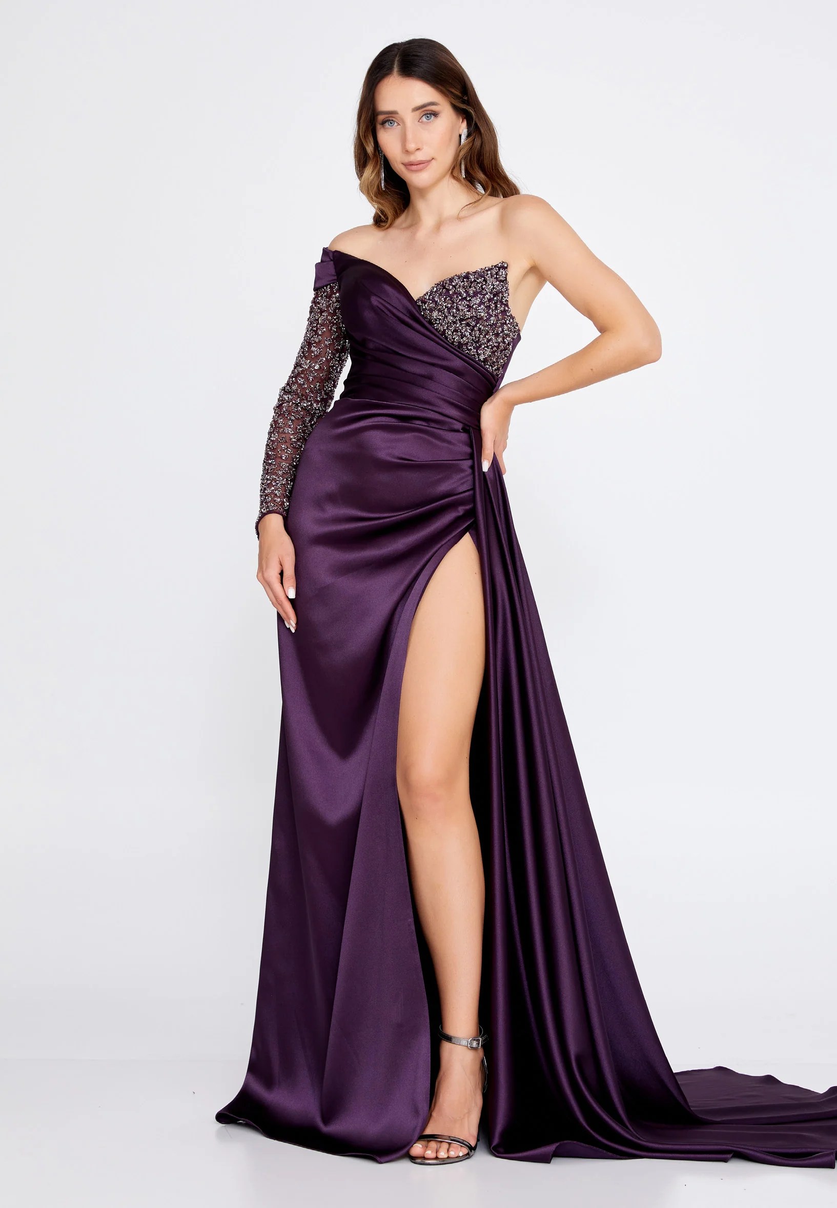 One Shoulder Maxi Satin Column Regular Wedding Guest Dress aln1501 - Image 31