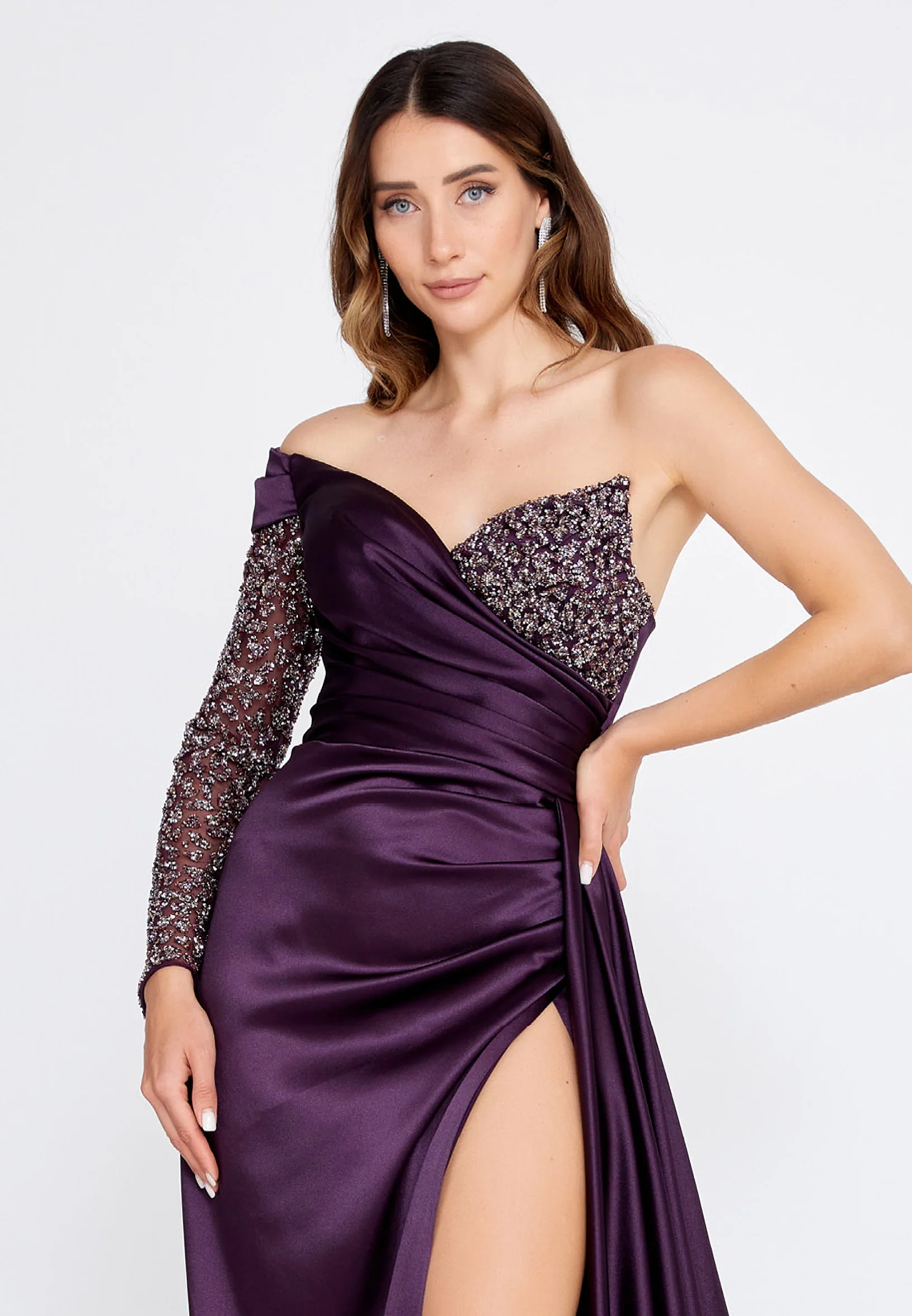 One Shoulder Maxi Satin Column Regular Wedding Guest Dress aln1501 - Image 34