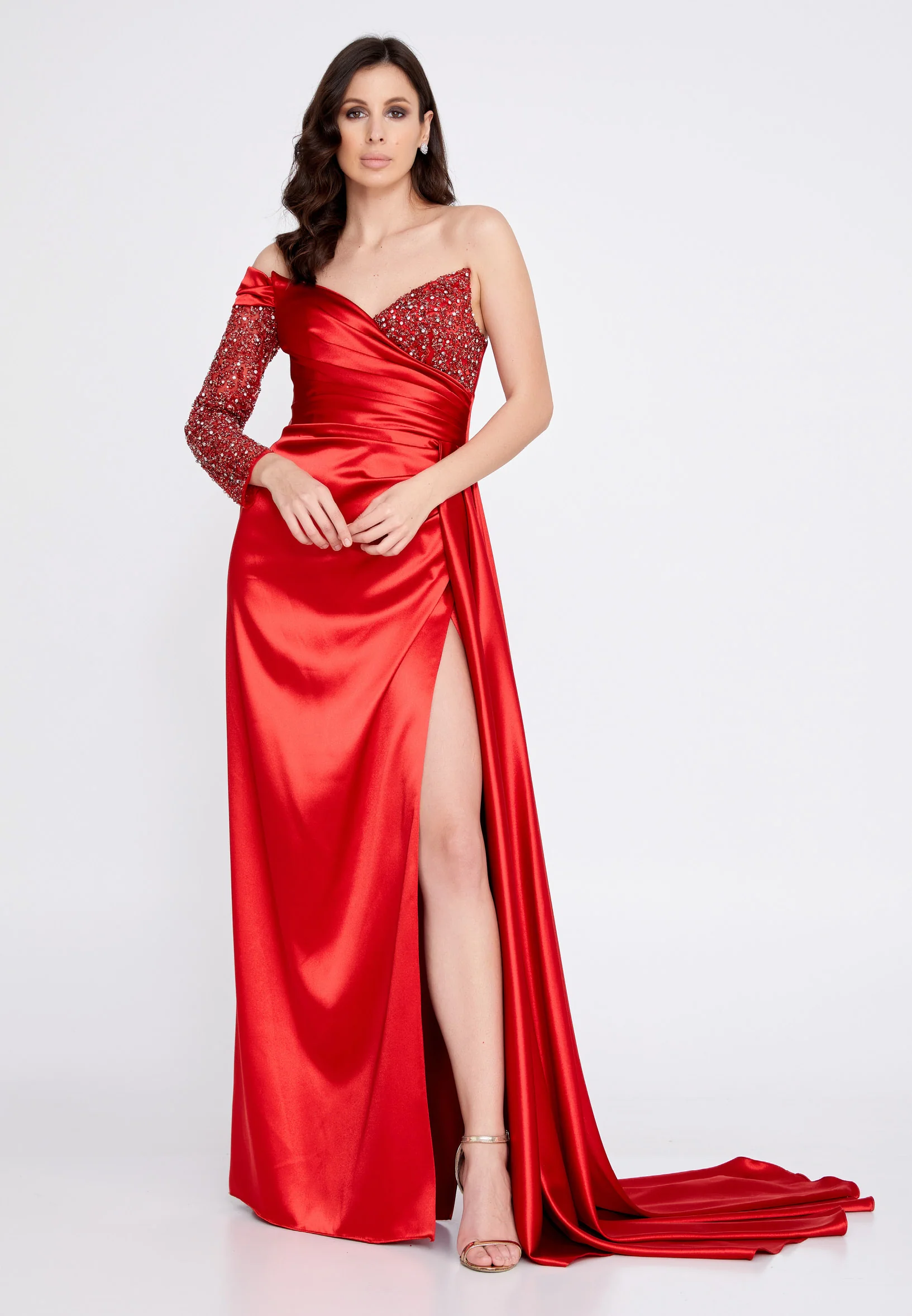 One Shoulder Maxi Satin Column Regular Wedding Guest Dress aln1501 - Image 35