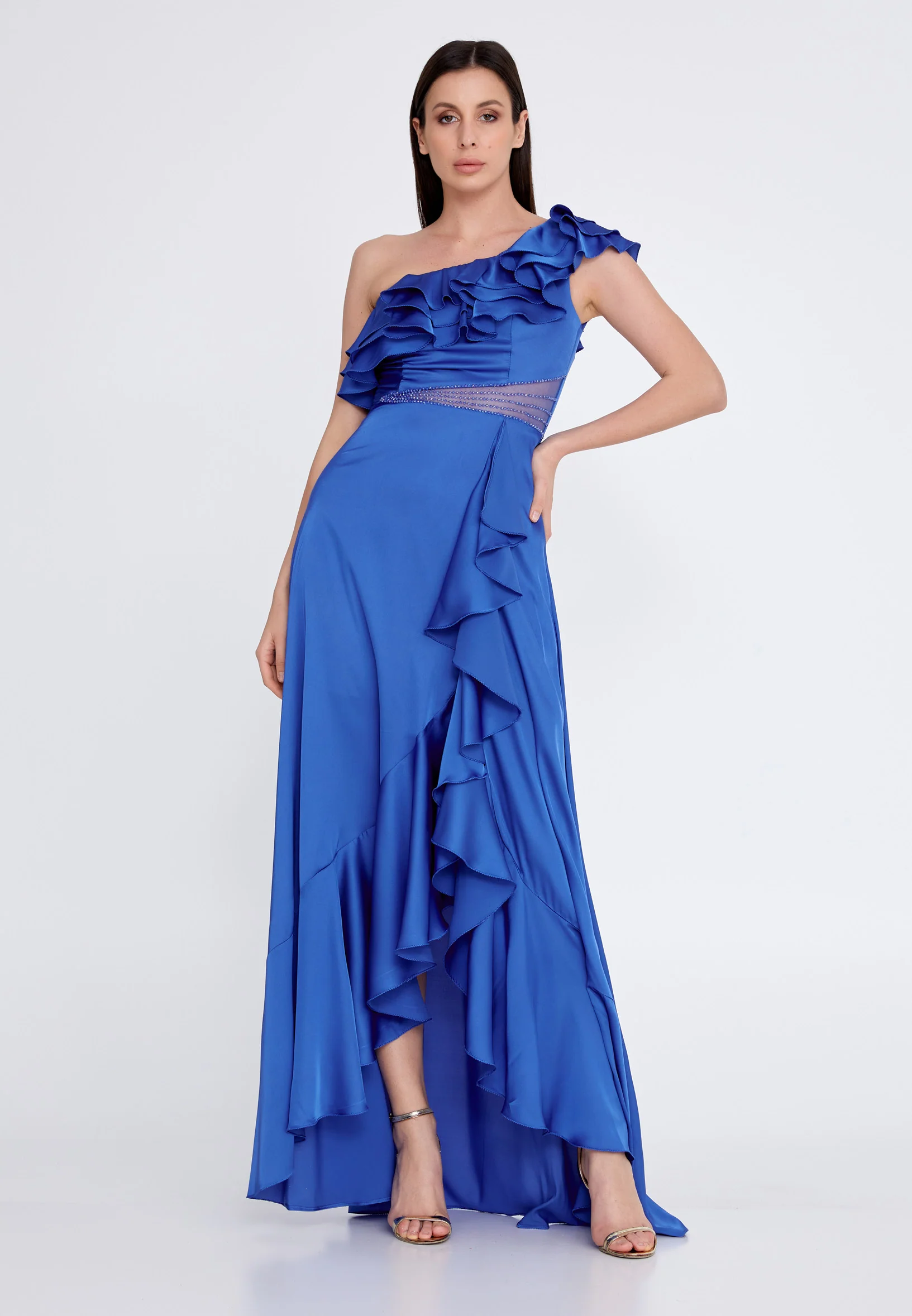 One Shoulder Maxi Satin Column Regular Wedding Guest Dress rmn3187 - Image 13