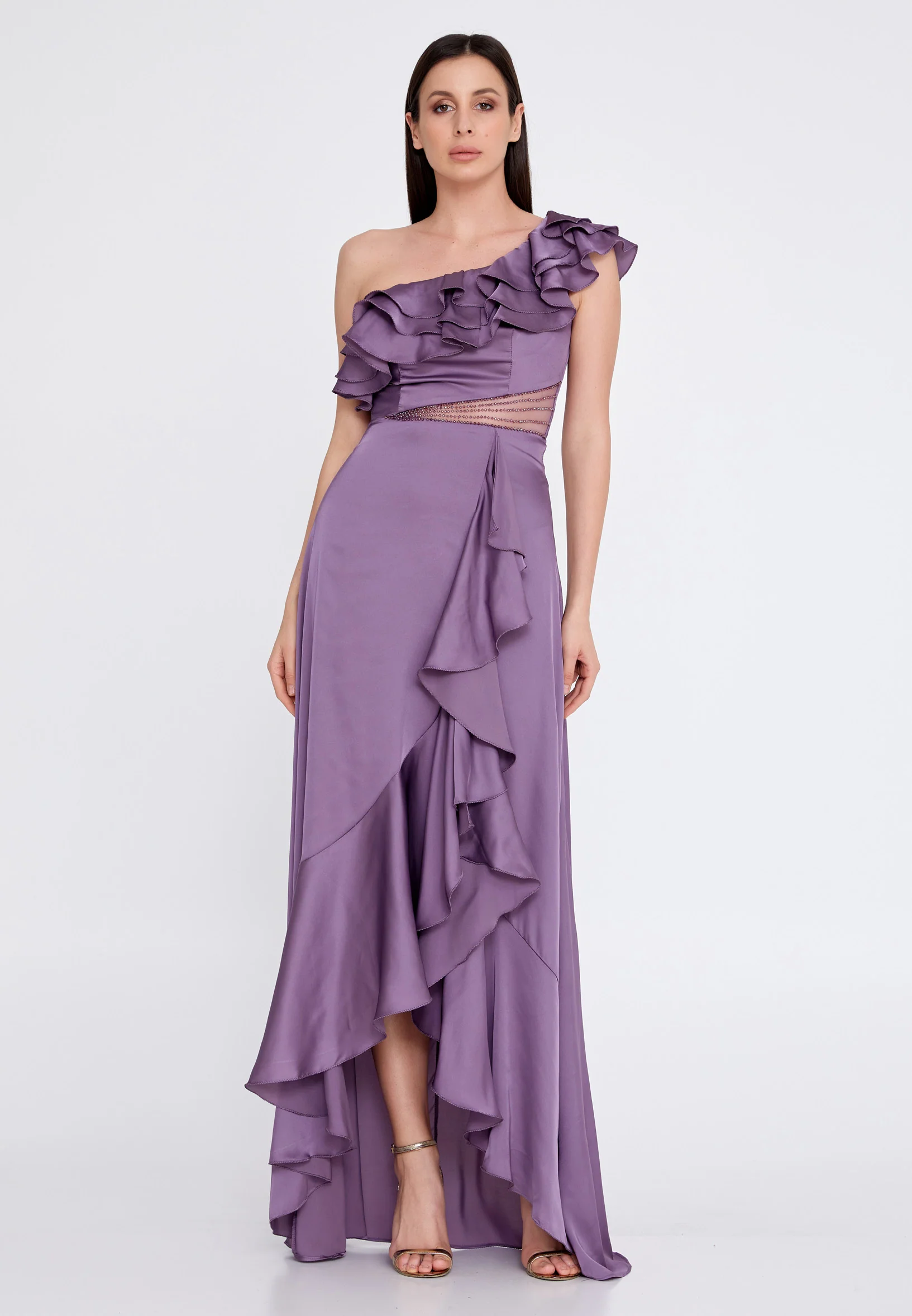 One Shoulder Maxi Satin Column Regular Wedding Guest Dress rmn3187 - Image 17