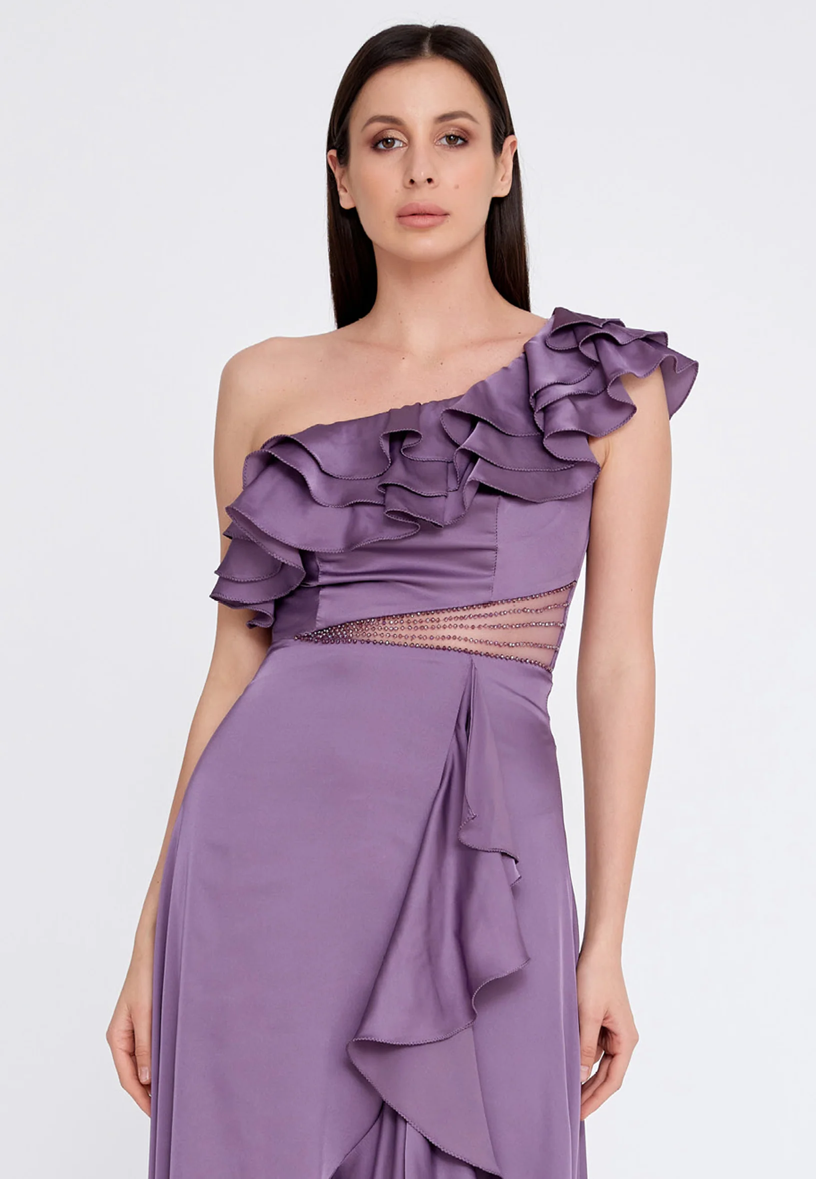 One Shoulder Maxi Satin Column Regular Wedding Guest Dress rmn3187 - Image 20