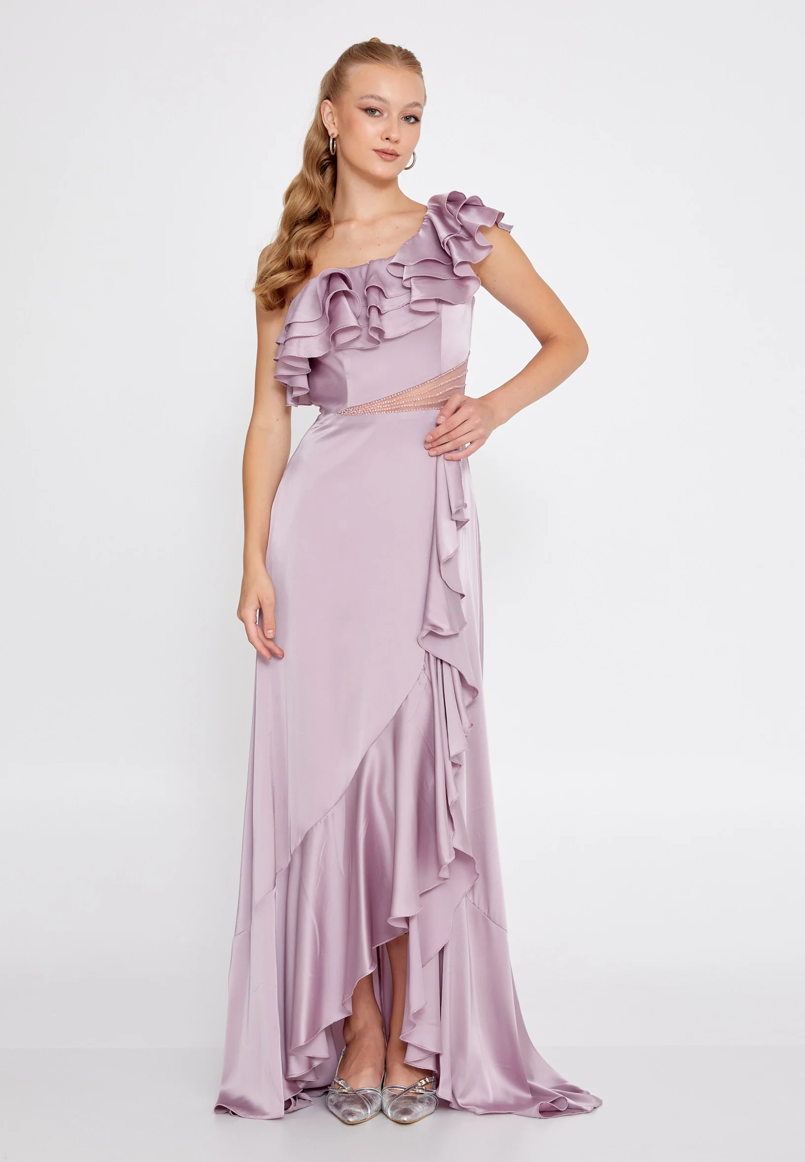 One Shoulder Maxi Satin Column Regular Wedding Guest Dress rmn3187 - Image 21