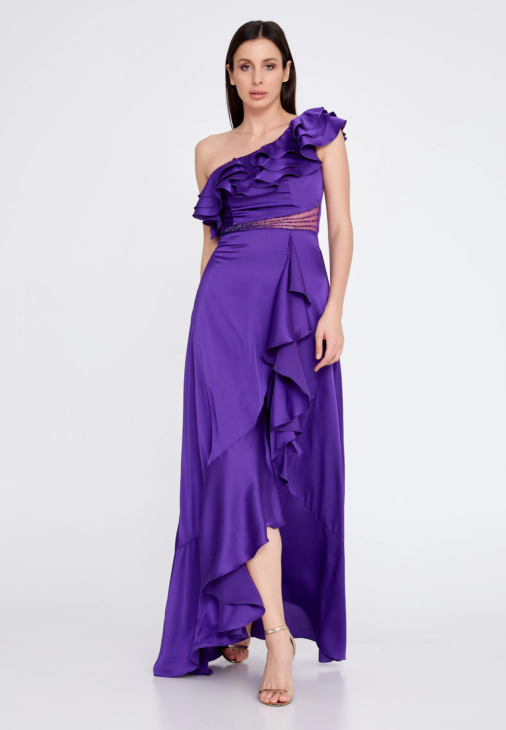 One Shoulder Maxi Satin Column Regular Wedding Guest Dress rmn3187 - Image 25