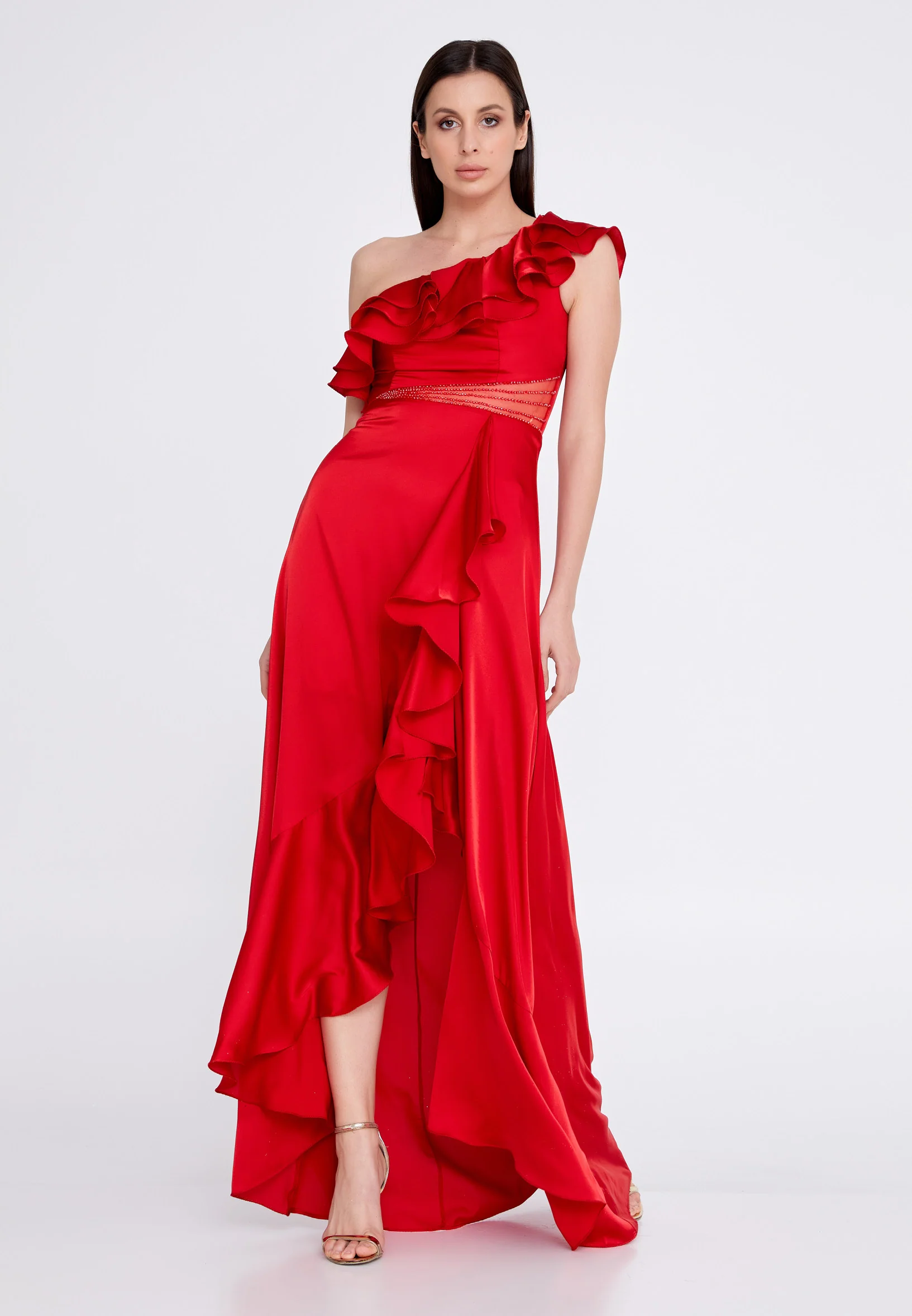 One Shoulder Maxi Satin Column Regular Wedding Guest Dress rmn3187 - Image 29