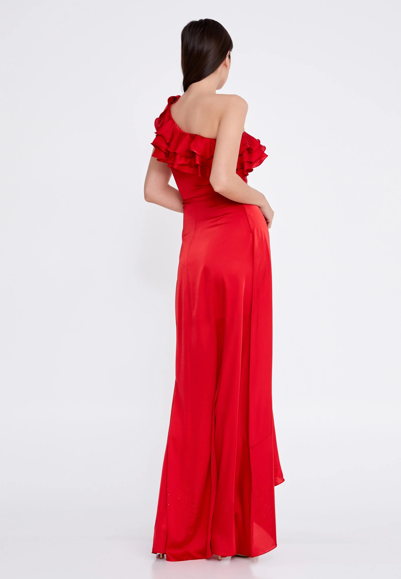 One Shoulder Maxi Satin Column Regular Wedding Guest Dress rmn3187 - Image 30
