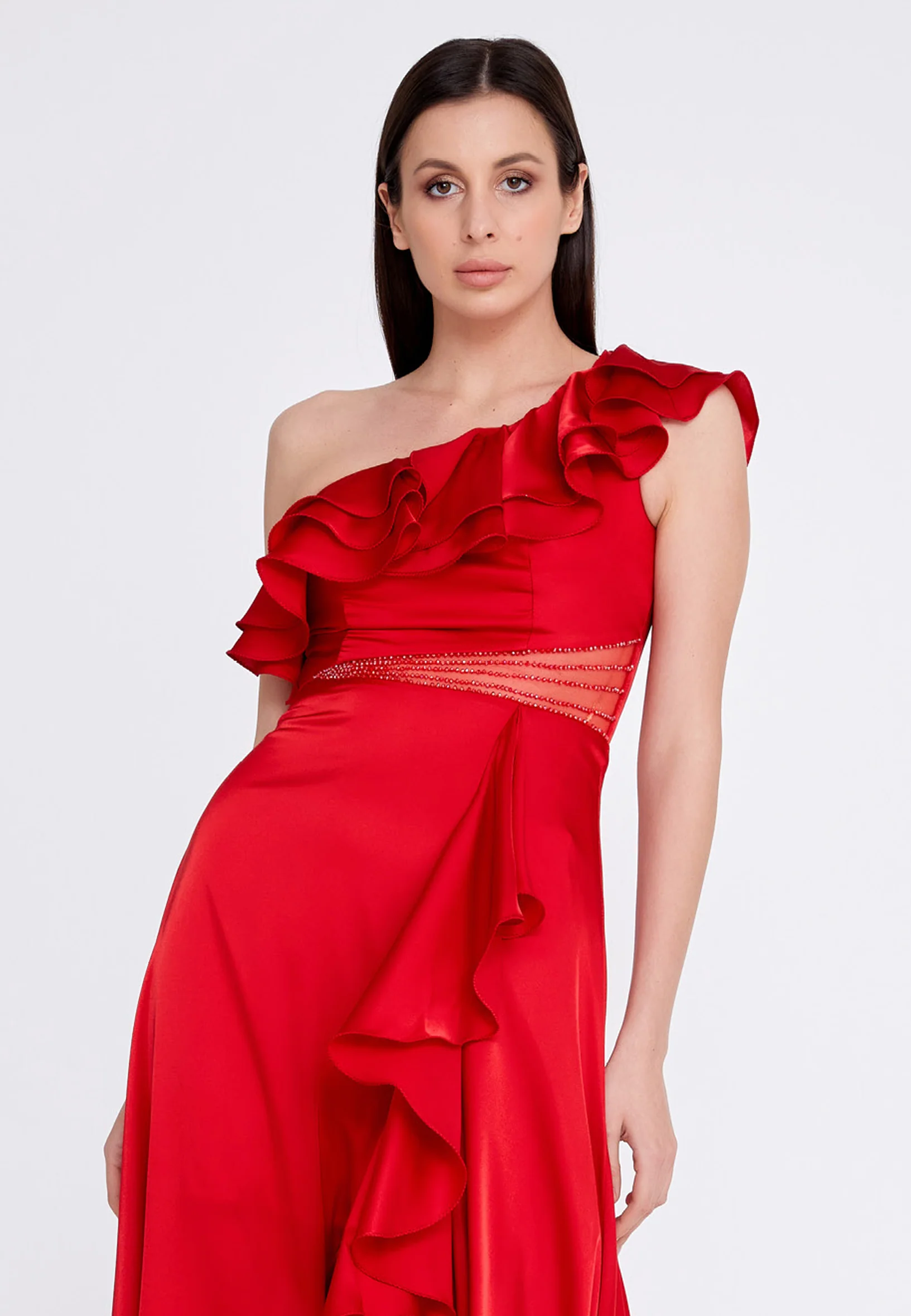 One Shoulder Maxi Satin Column Regular Wedding Guest Dress rmn3187 - Image 32