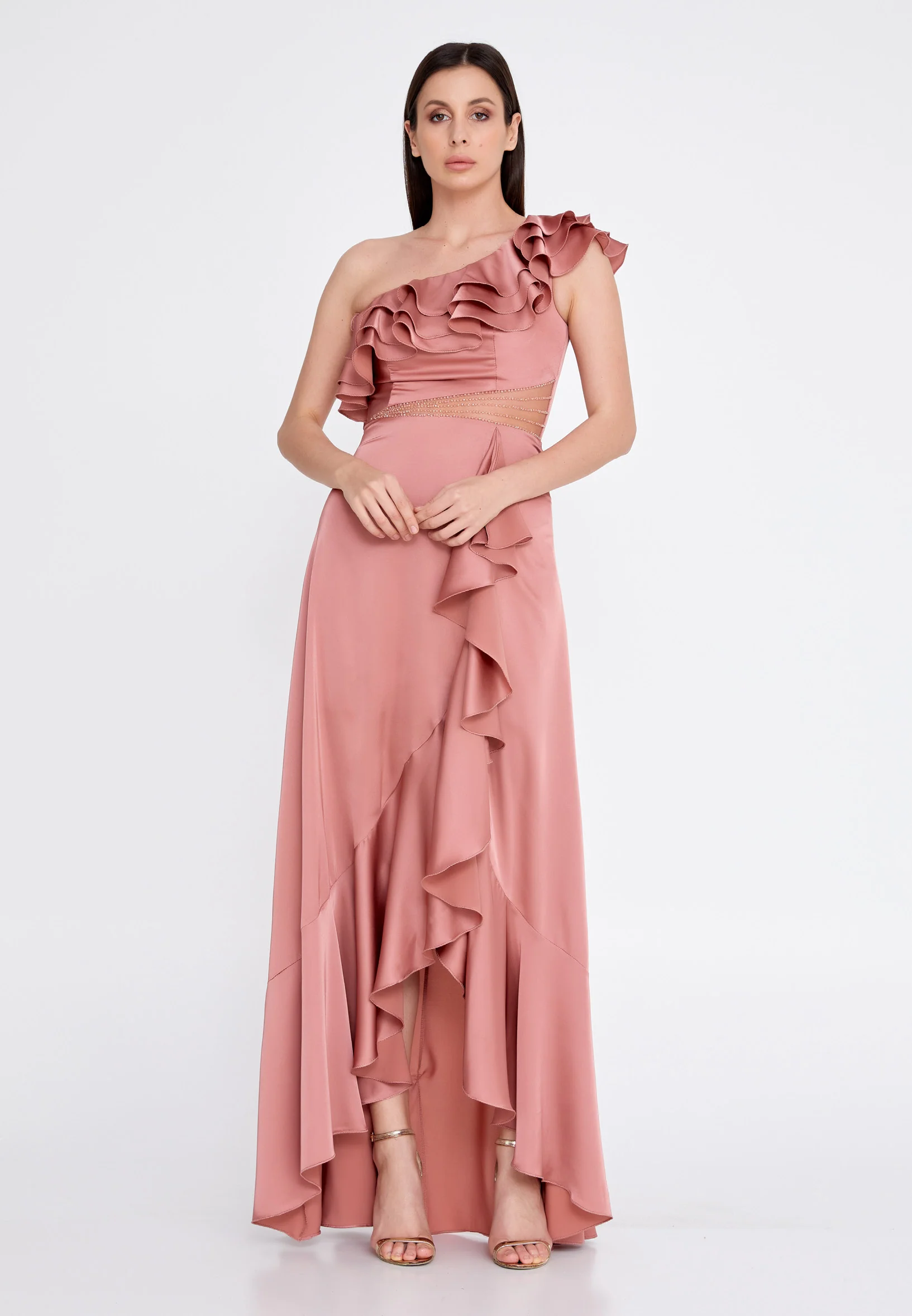 One Shoulder Maxi Satin Column Regular Wedding Guest Dress rmn3187 - Image 33