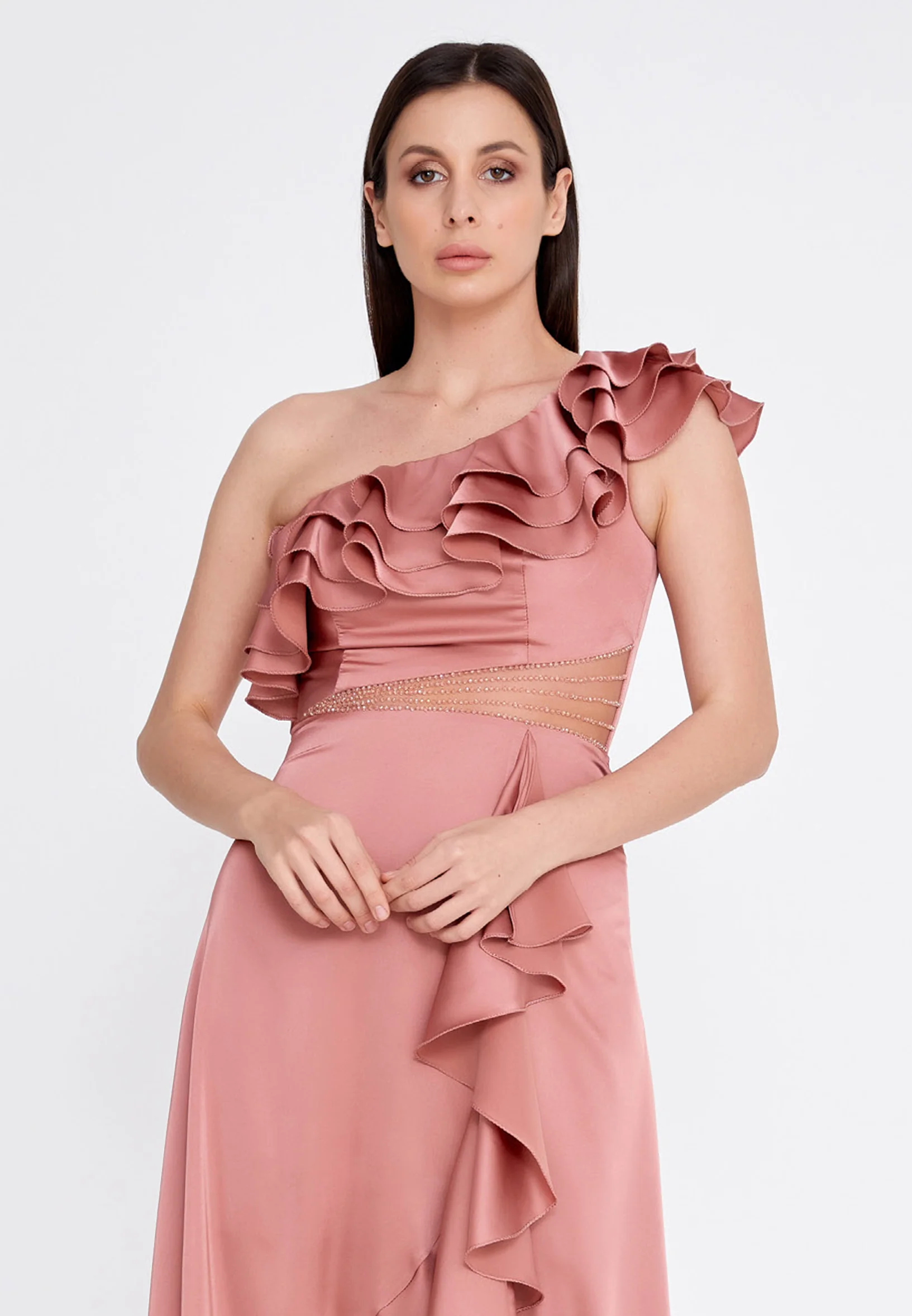 One Shoulder Maxi Satin Column Regular Wedding Guest Dress rmn3187 - Image 36