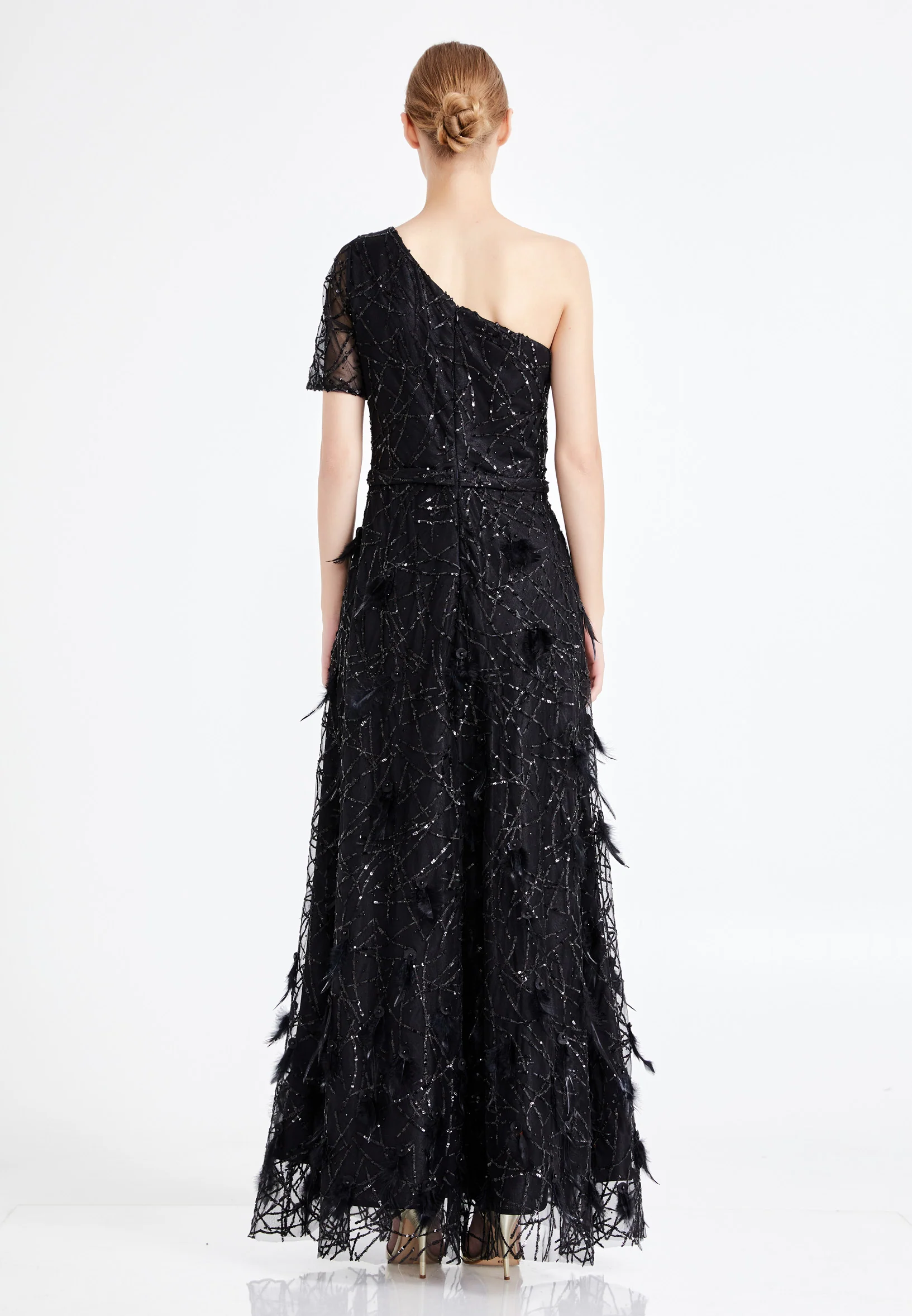 One Shoulder Maxi Sequin A - Line Regular Prom Dress rmn2698-1 - Image 2