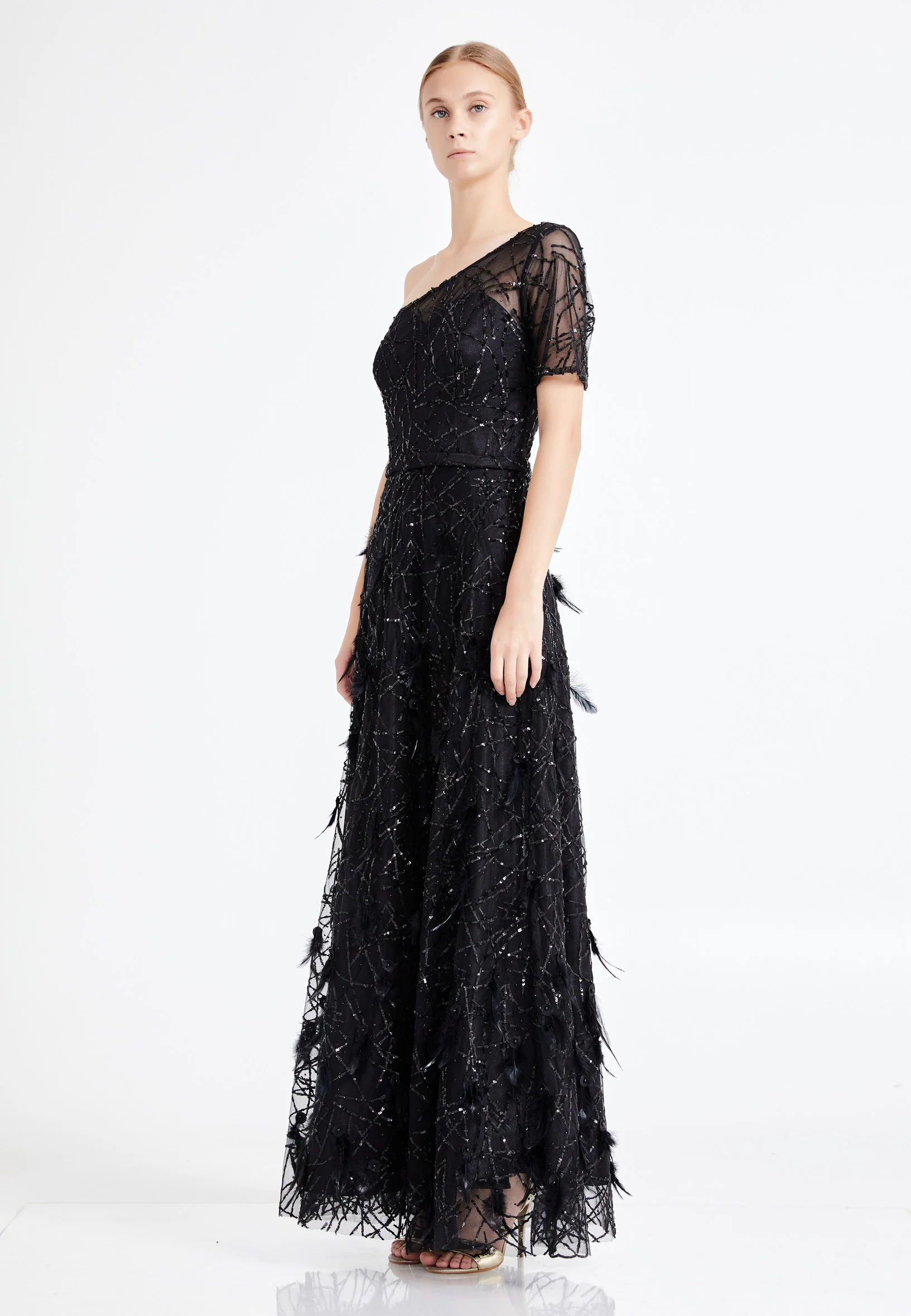 One Shoulder Maxi Sequin A - Line Regular Prom Dress rmn2698-1 - Image 3
