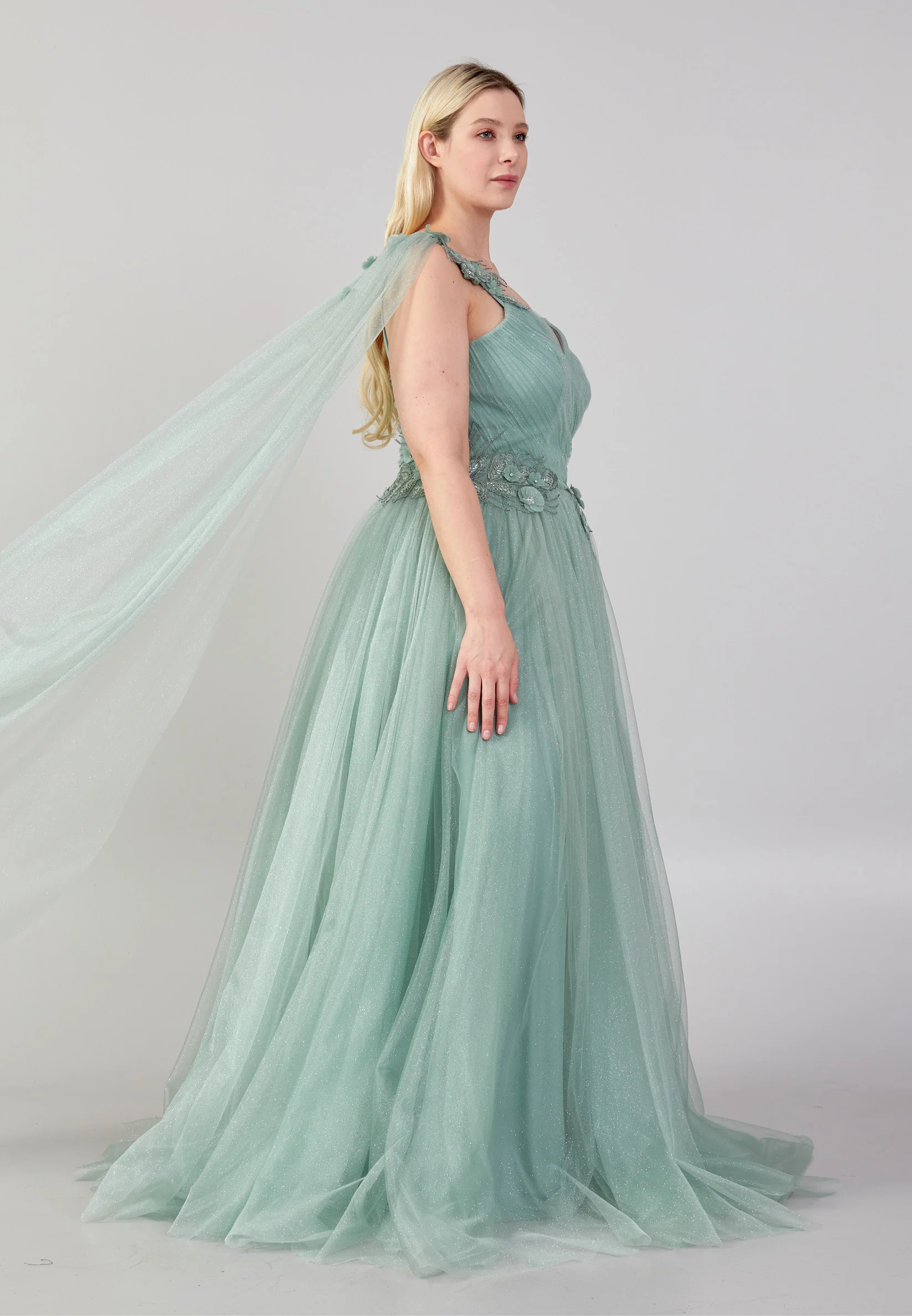 One Shoulder Maxi Tulle A - Line Plus Size Prom Dress omn692 - Image 3