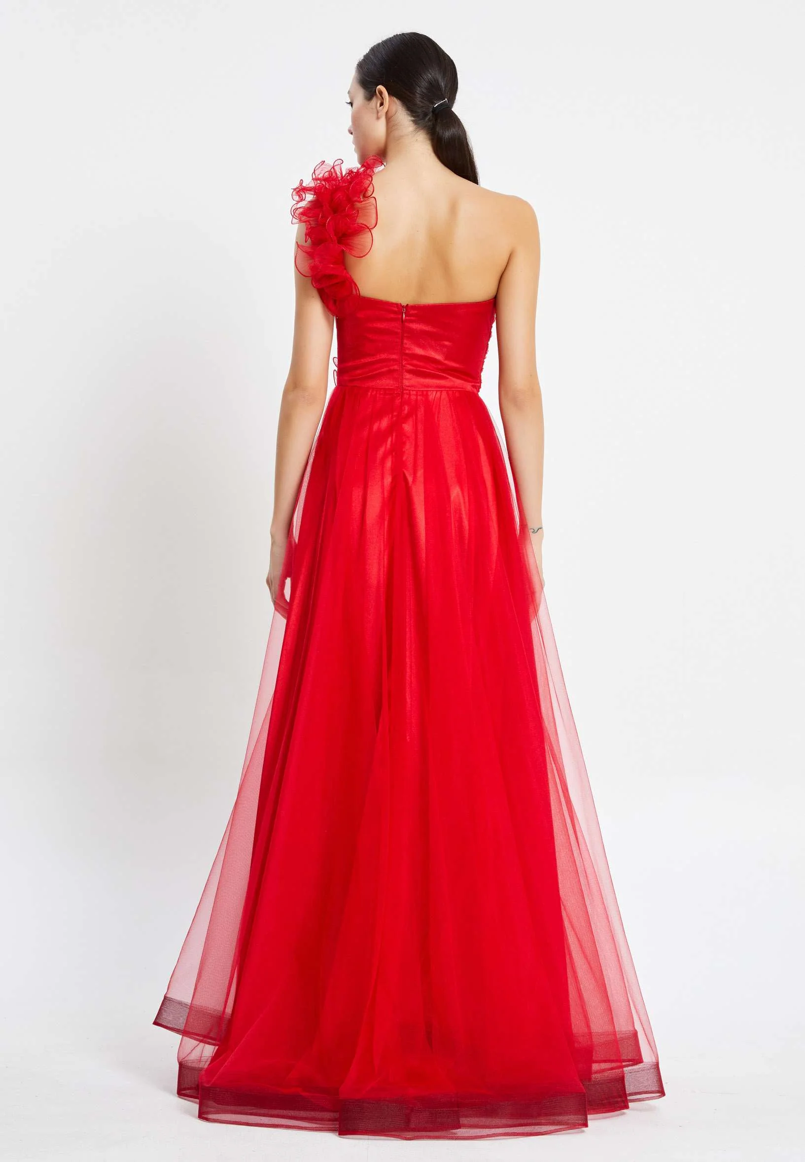 One Shoulder Maxi Tulle A - Line Regular Prom Dress aln1327 - Image 6