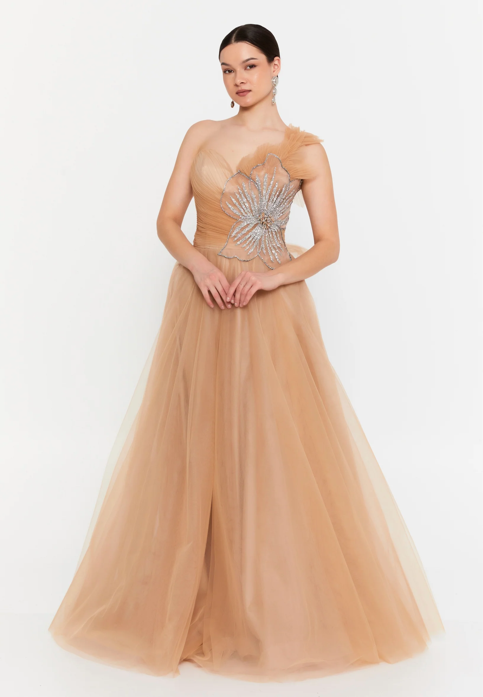 One Shoulder Maxi Tulle A - Line Regular Prom Dress aln1822