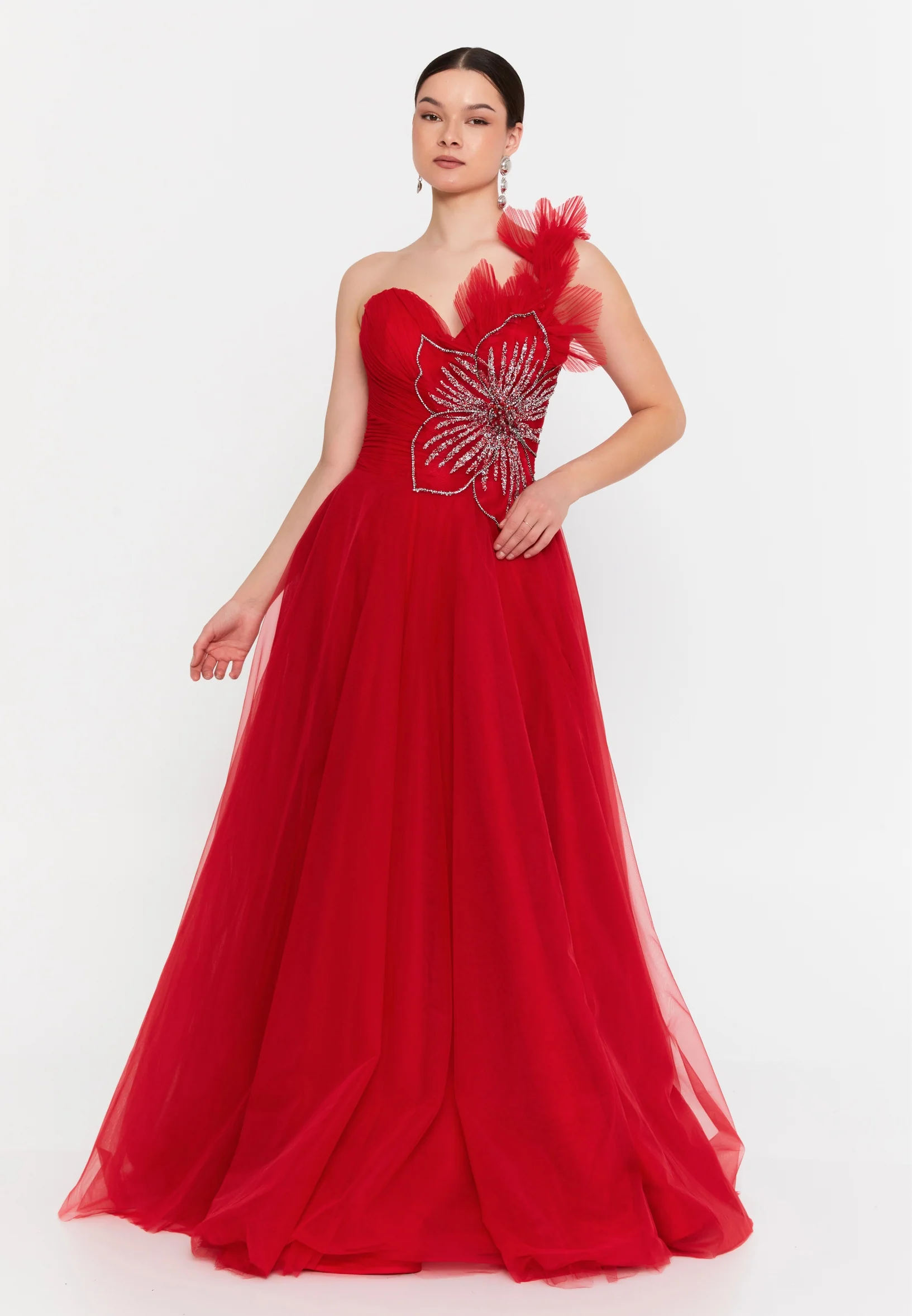 One Shoulder Maxi Tulle A - Line Regular Prom Dress aln1822 - Image 5