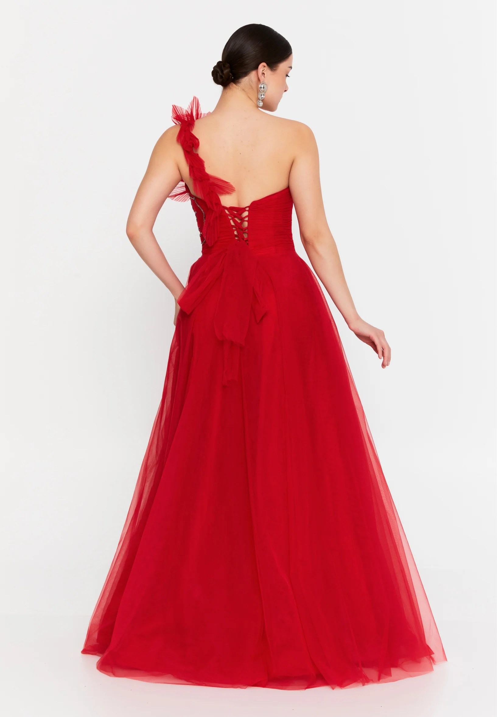 One Shoulder Maxi Tulle A - Line Regular Prom Dress aln1822 - Image 6
