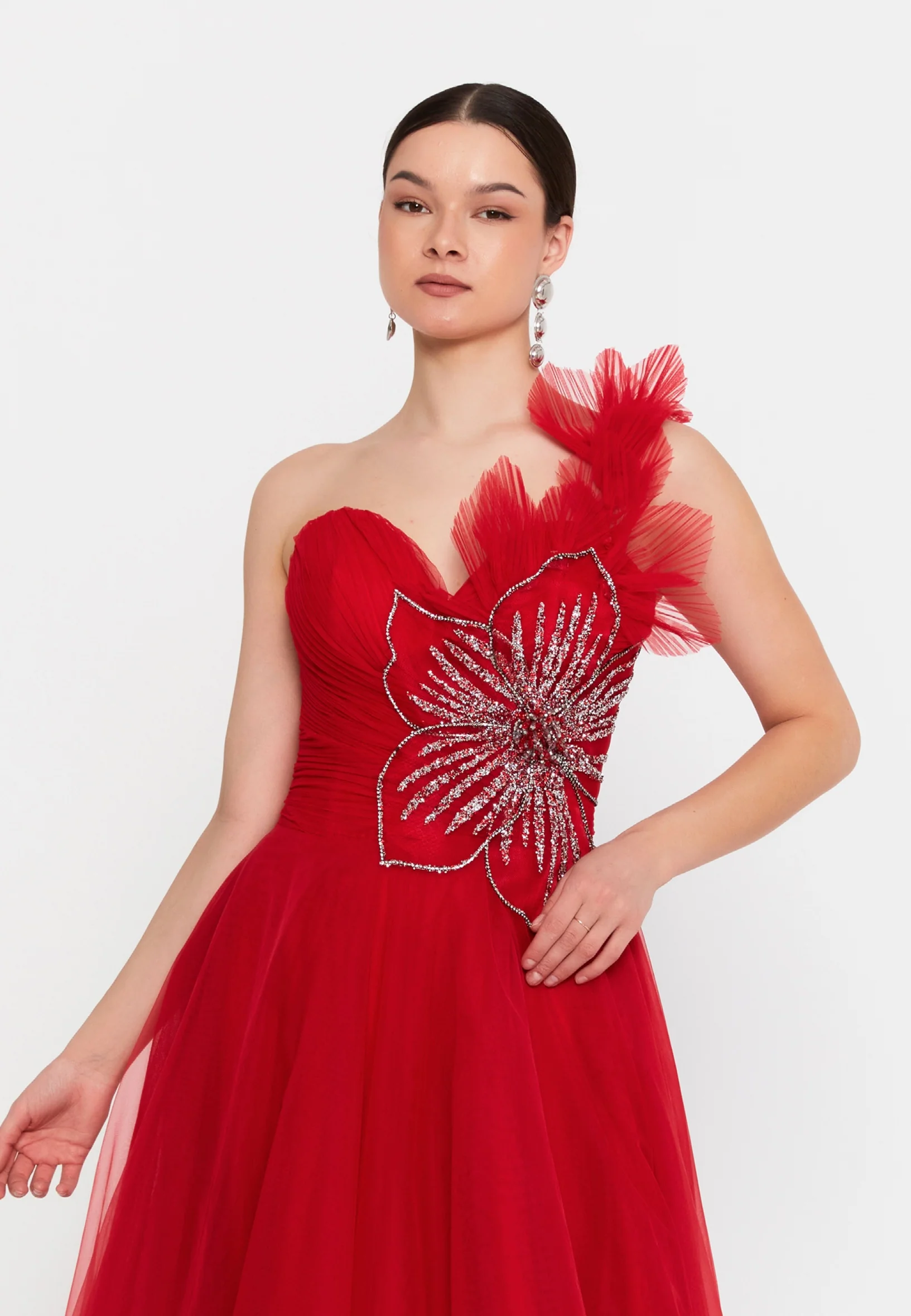 One Shoulder Maxi Tulle A - Line Regular Prom Dress aln1822 - Image 8