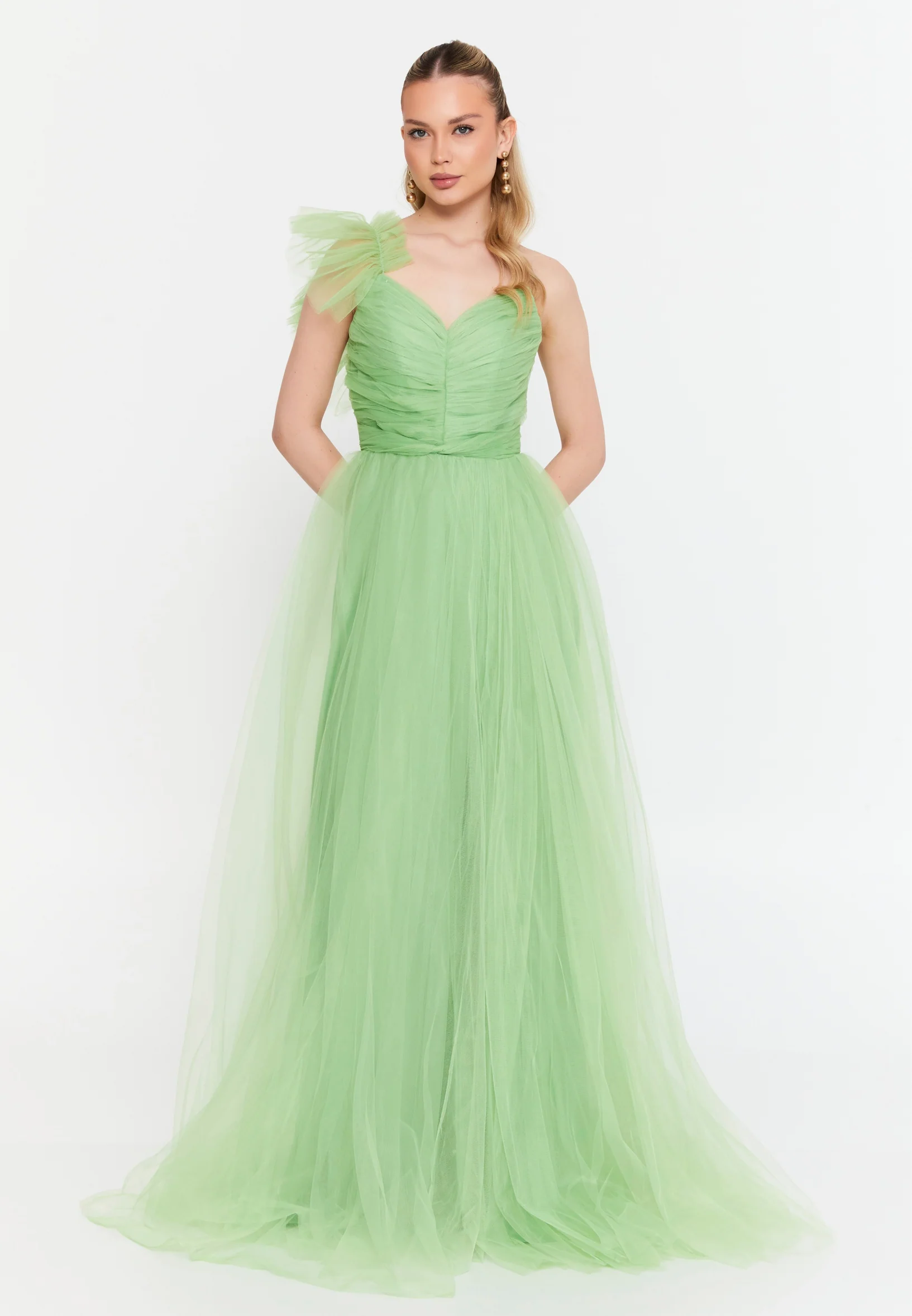 One Shoulder Maxi Tulle A - Line Regular Prom Dress msp77296