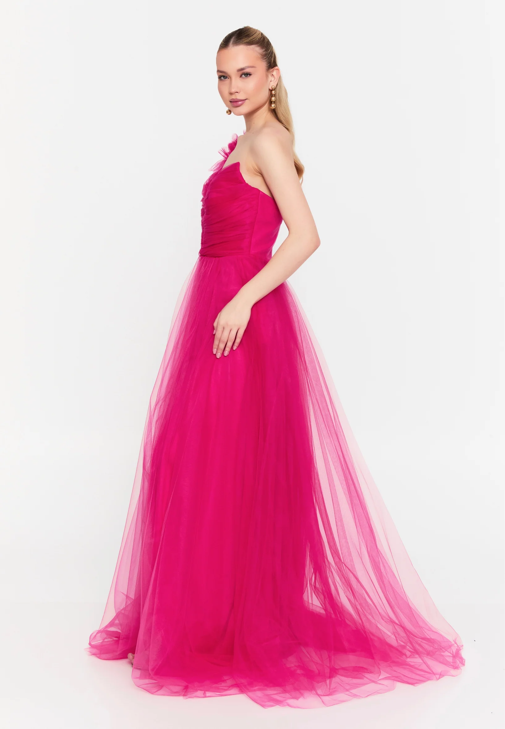 One Shoulder Maxi Tulle A - Line Regular Prom Dress msp77296 - Image 11