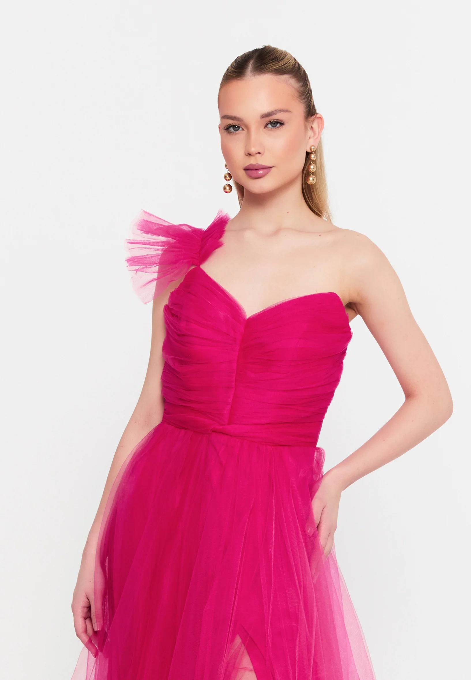 One Shoulder Maxi Tulle A - Line Regular Prom Dress msp77296 - Image 12