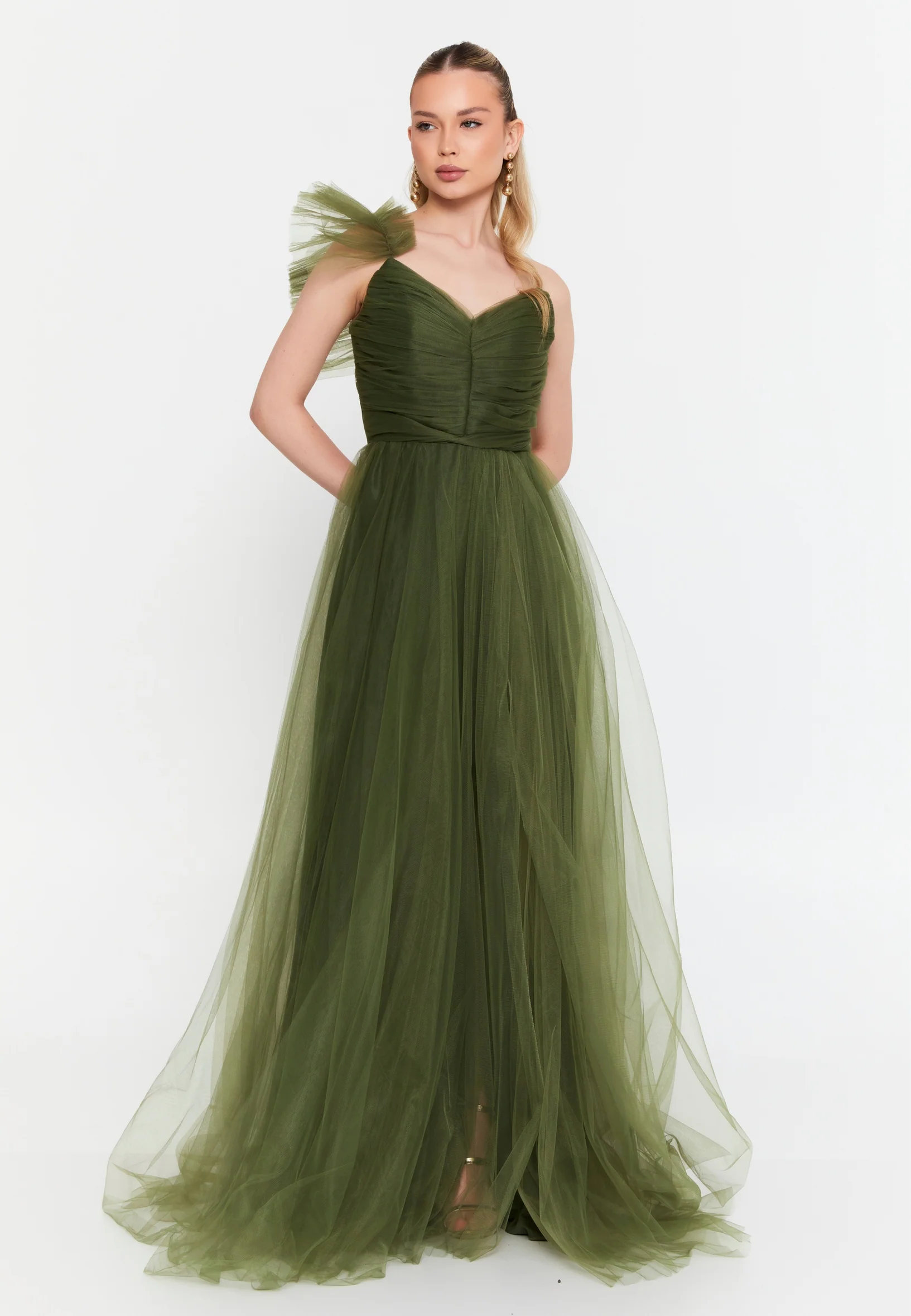 One Shoulder Maxi Tulle A - Line Regular Prom Dress msp77296 - Image 13