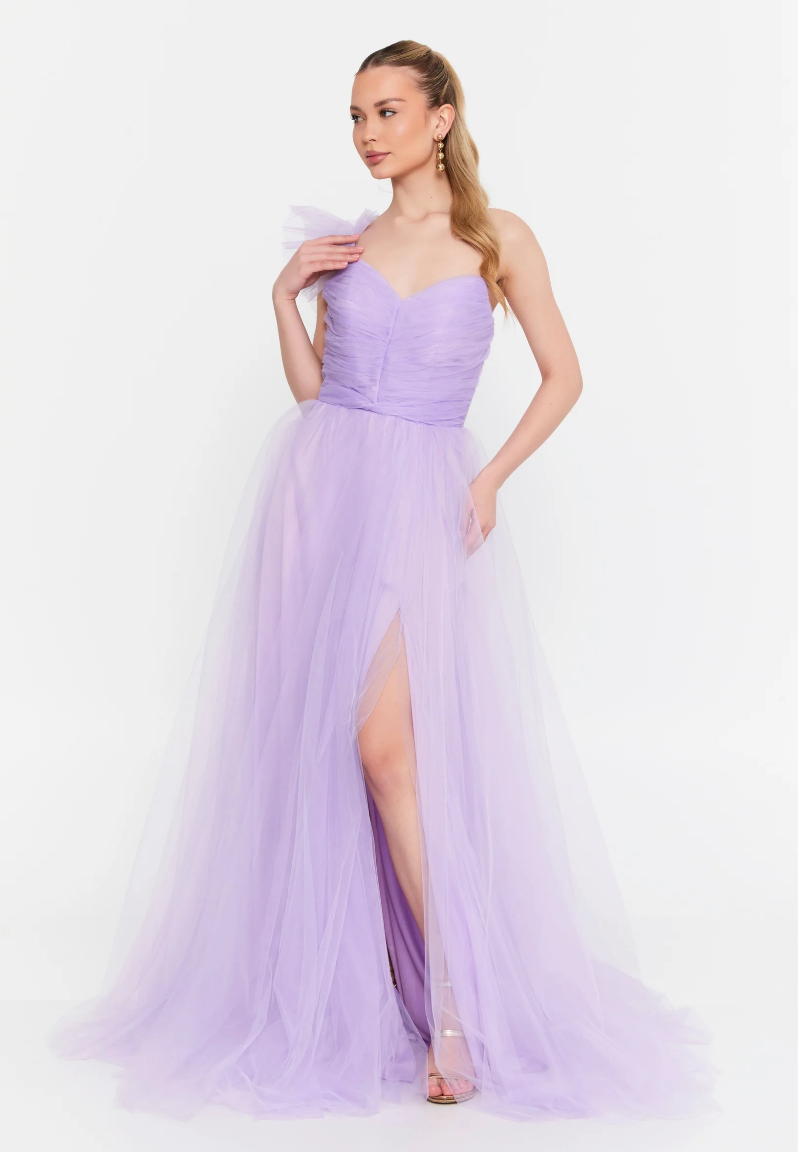One Shoulder Maxi Tulle A - Line Regular Prom Dress msp77296 - Image 17
