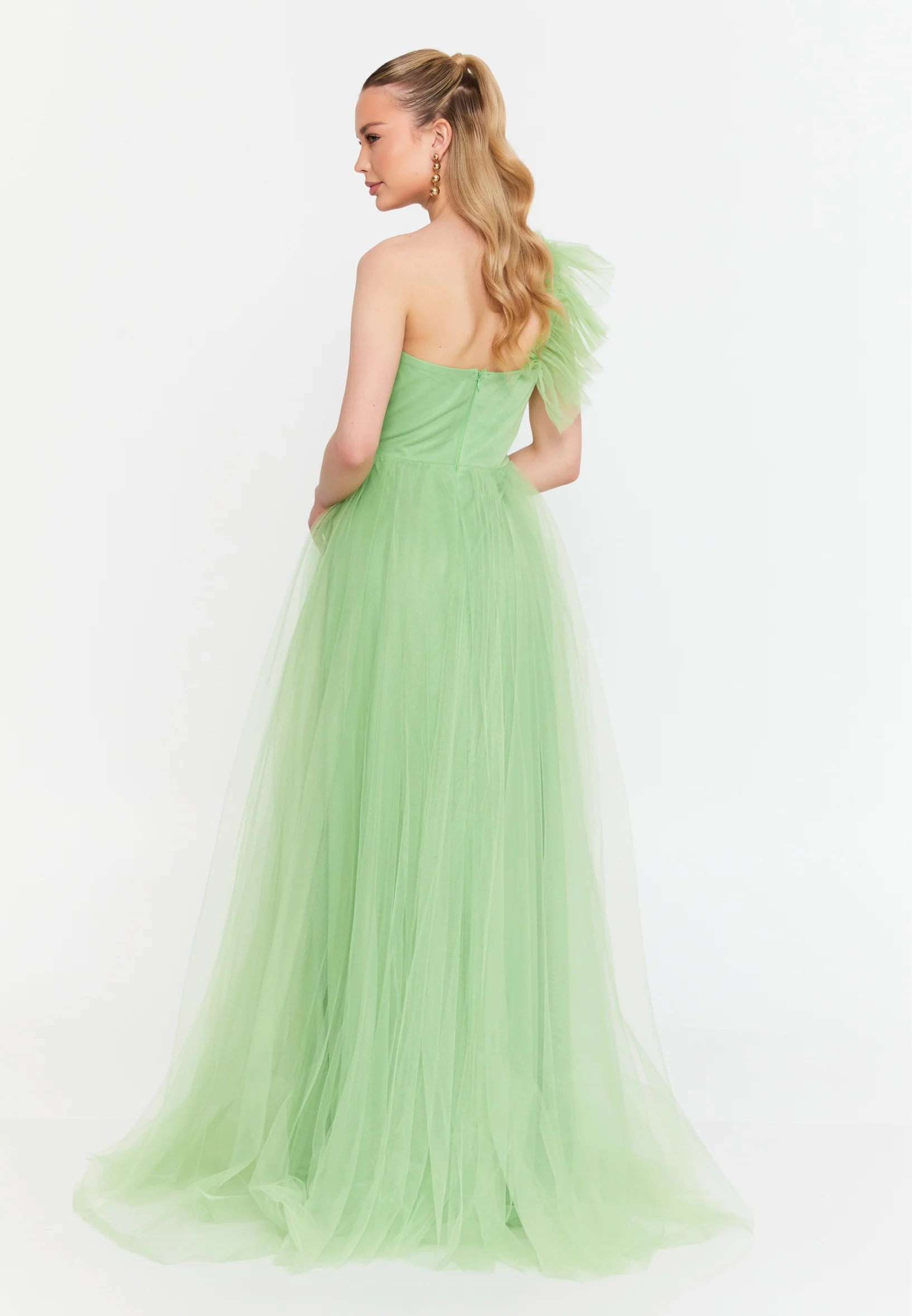 One Shoulder Maxi Tulle A - Line Regular Prom Dress msp77296 - Image 2