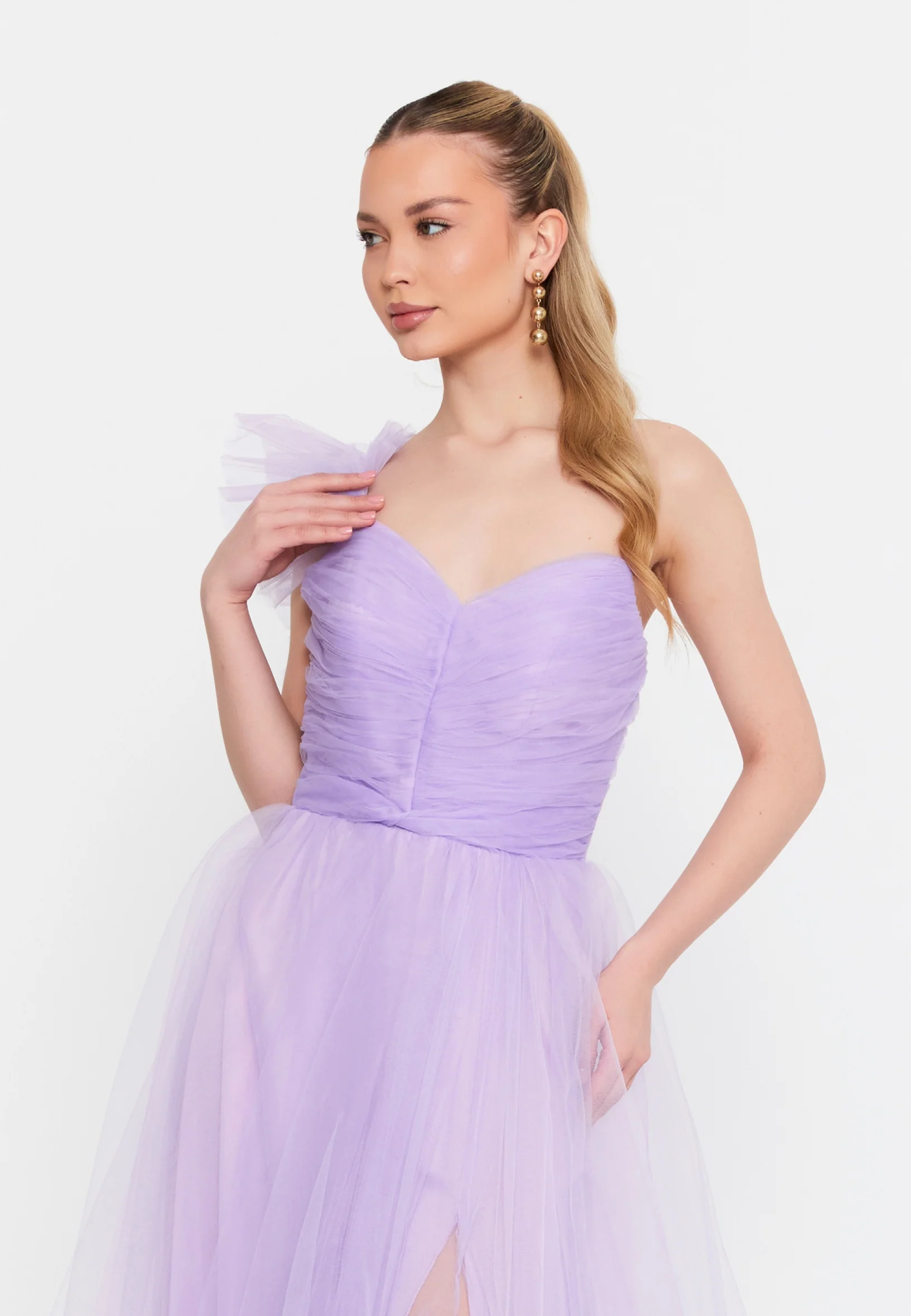 One Shoulder Maxi Tulle A - Line Regular Prom Dress msp77296 - Image 20