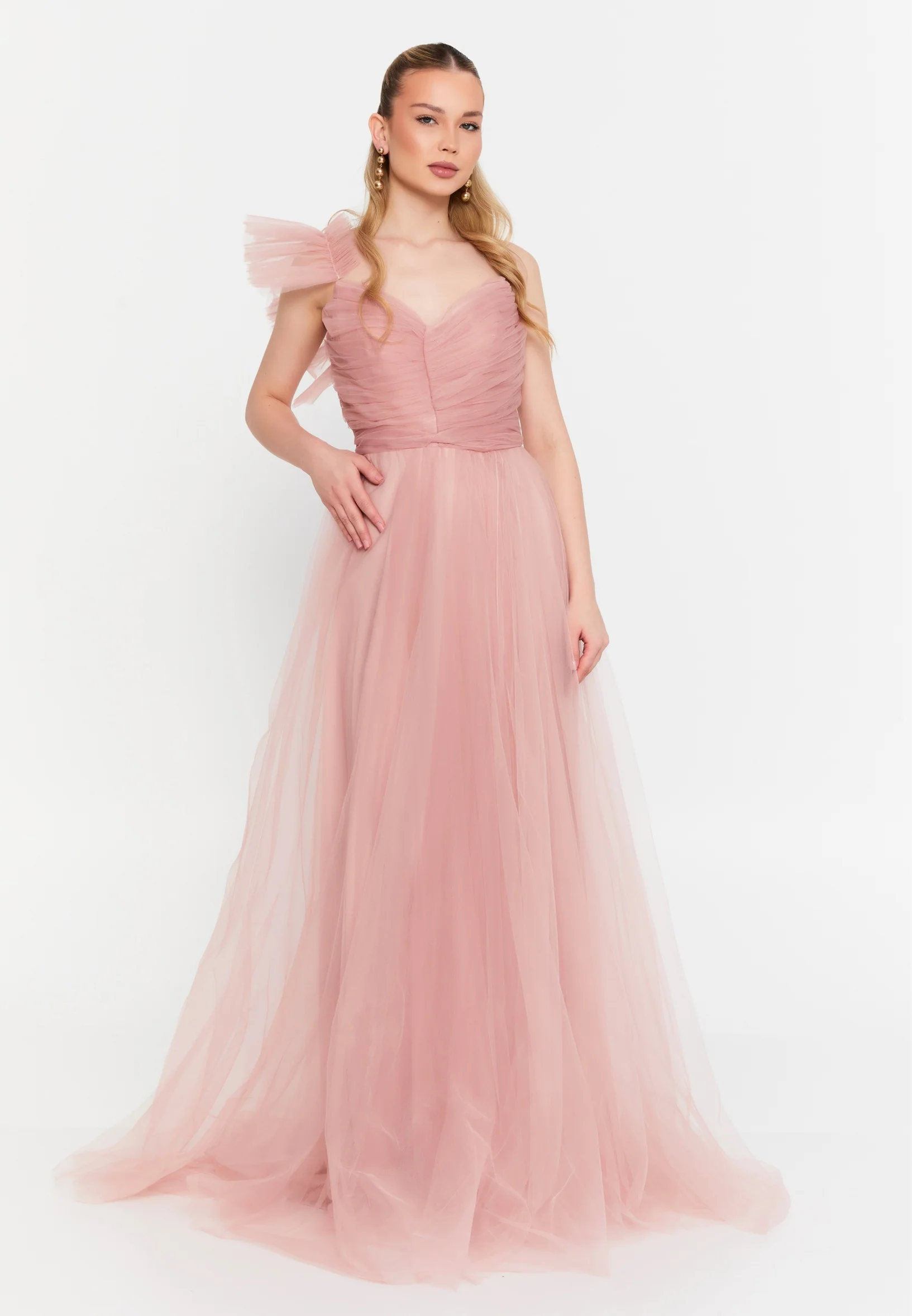 One Shoulder Maxi Tulle A - Line Regular Prom Dress msp77296 - Image 21