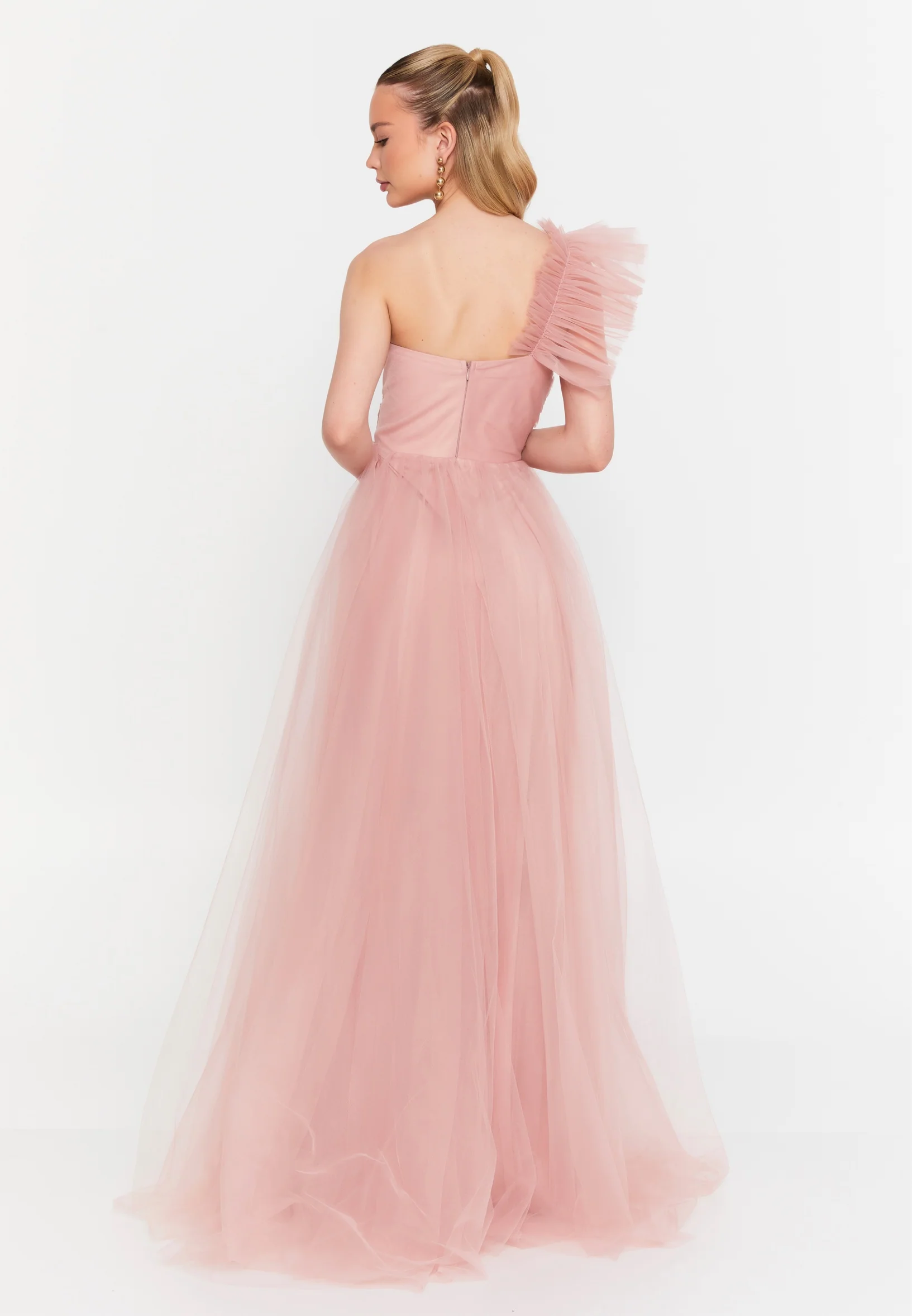 One Shoulder Maxi Tulle A - Line Regular Prom Dress msp77296 - Image 22