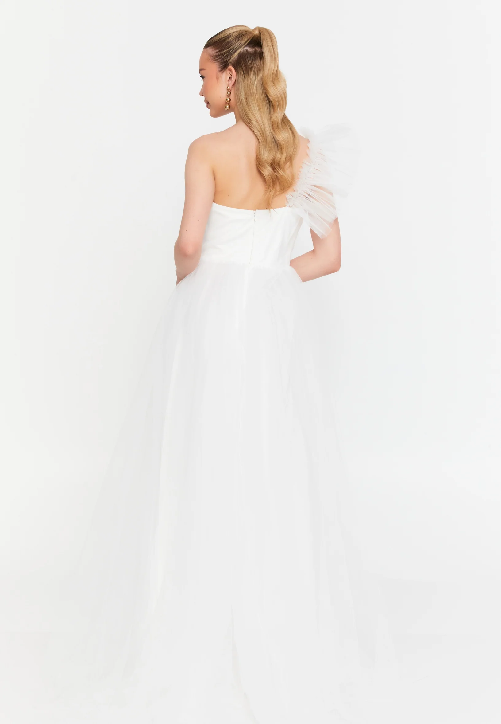One Shoulder Maxi Tulle A - Line Regular Prom Dress msp77296 - Image 6