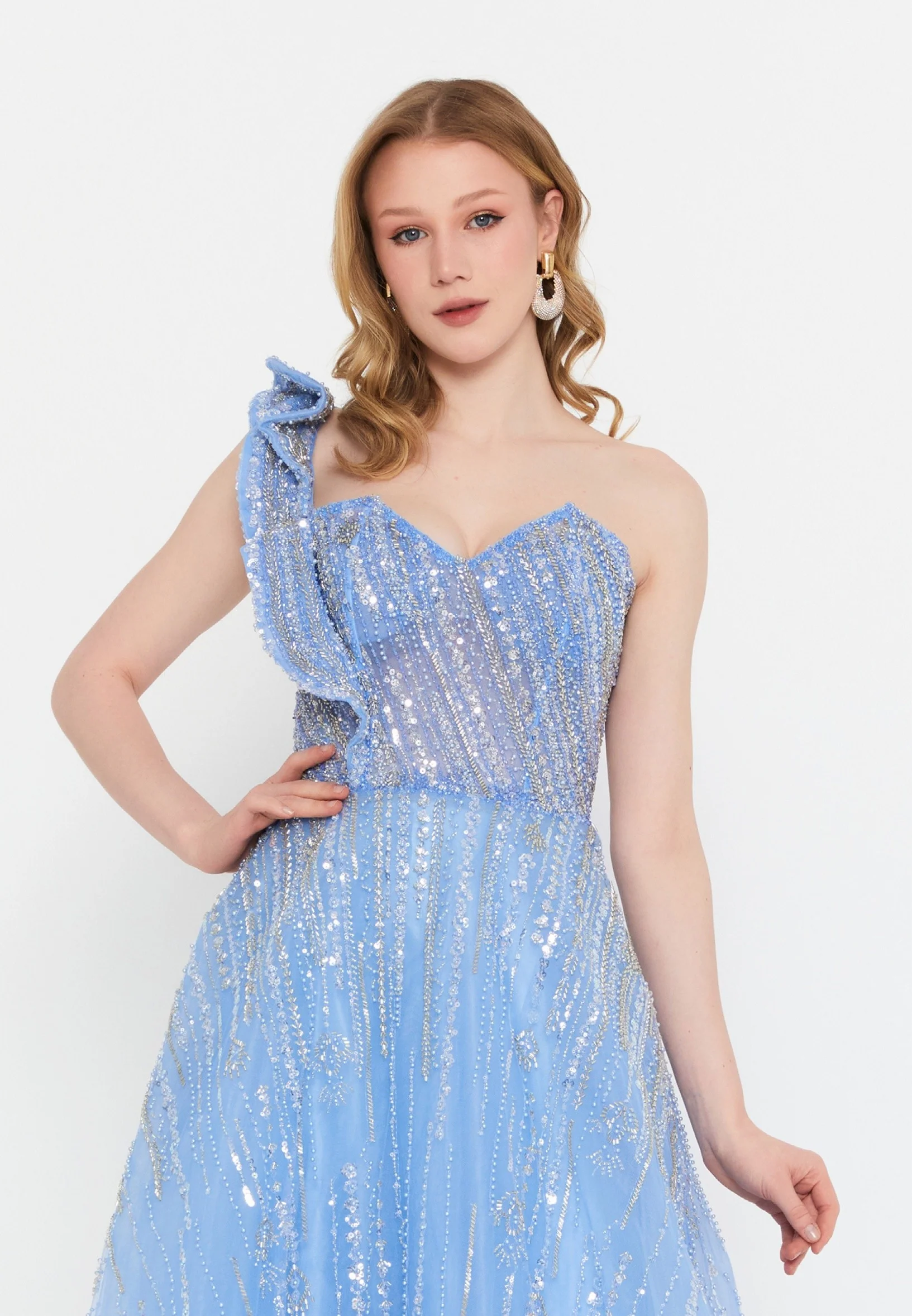 One Shoulder Maxi Tulle A - Line Regular Prom Dress mtc1115 - Image 4