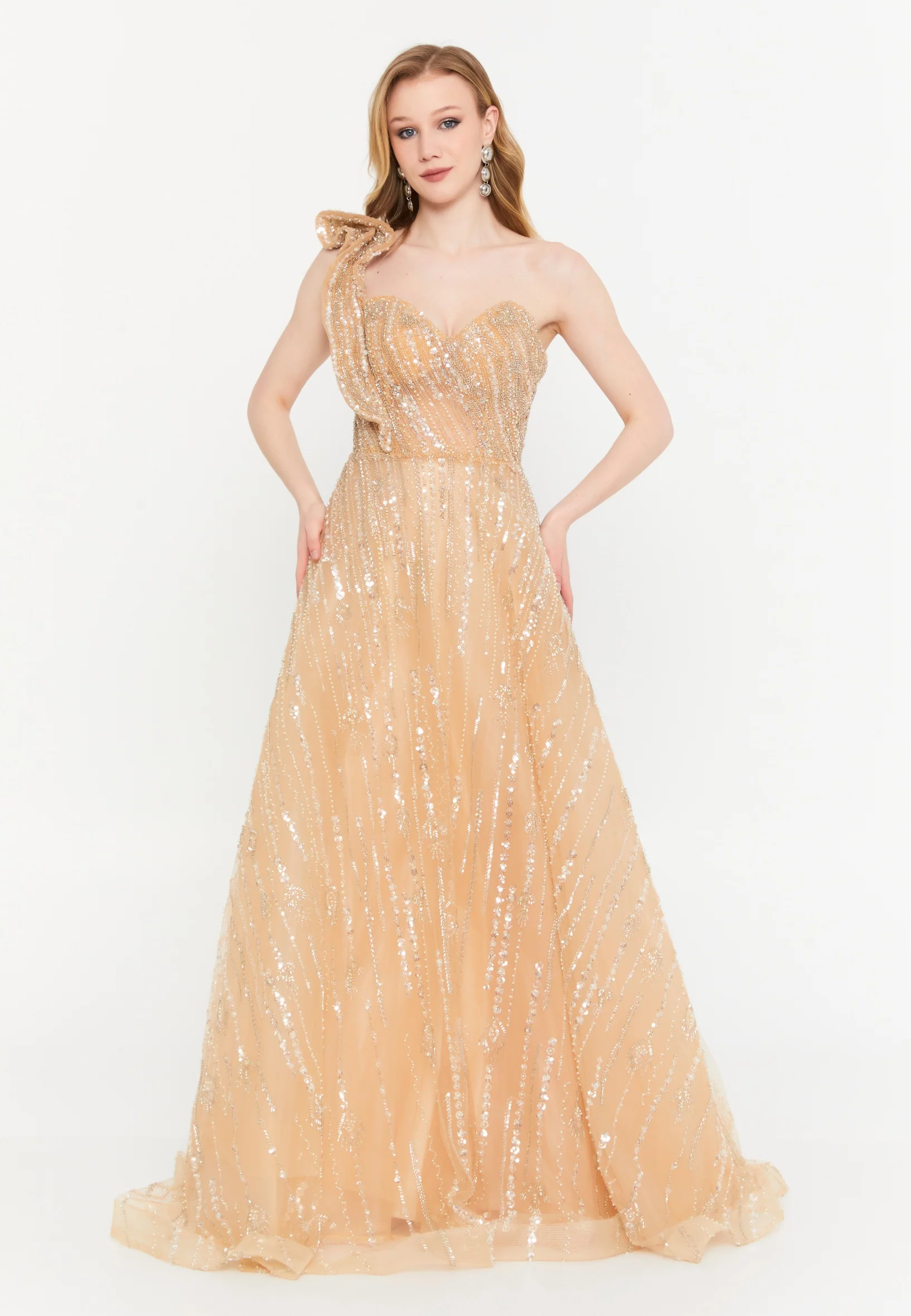 One Shoulder Maxi Tulle A - Line Regular Prom Dress mtc1115 - Image 5